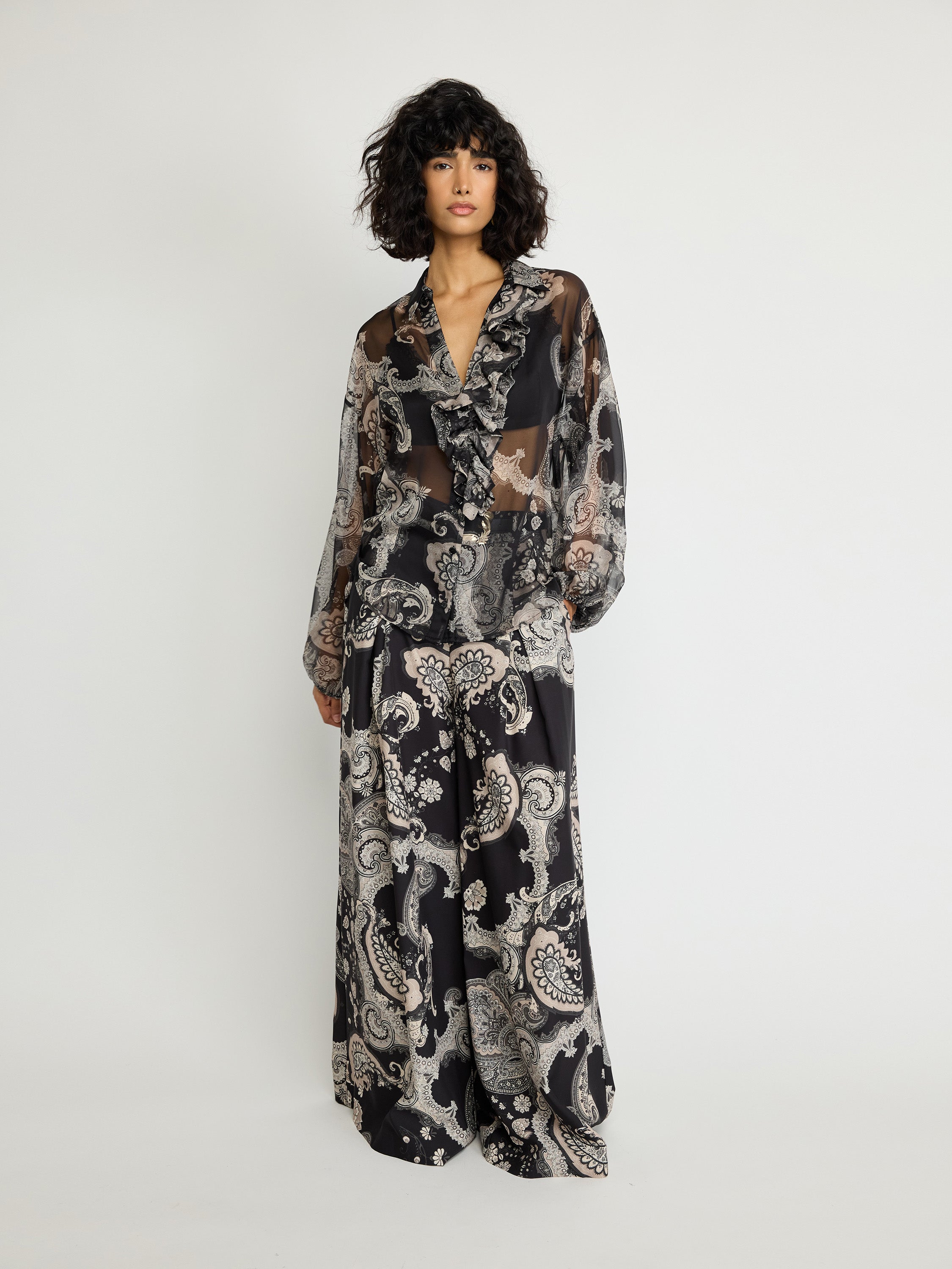 Sheer Paisley Ruffle Blouse