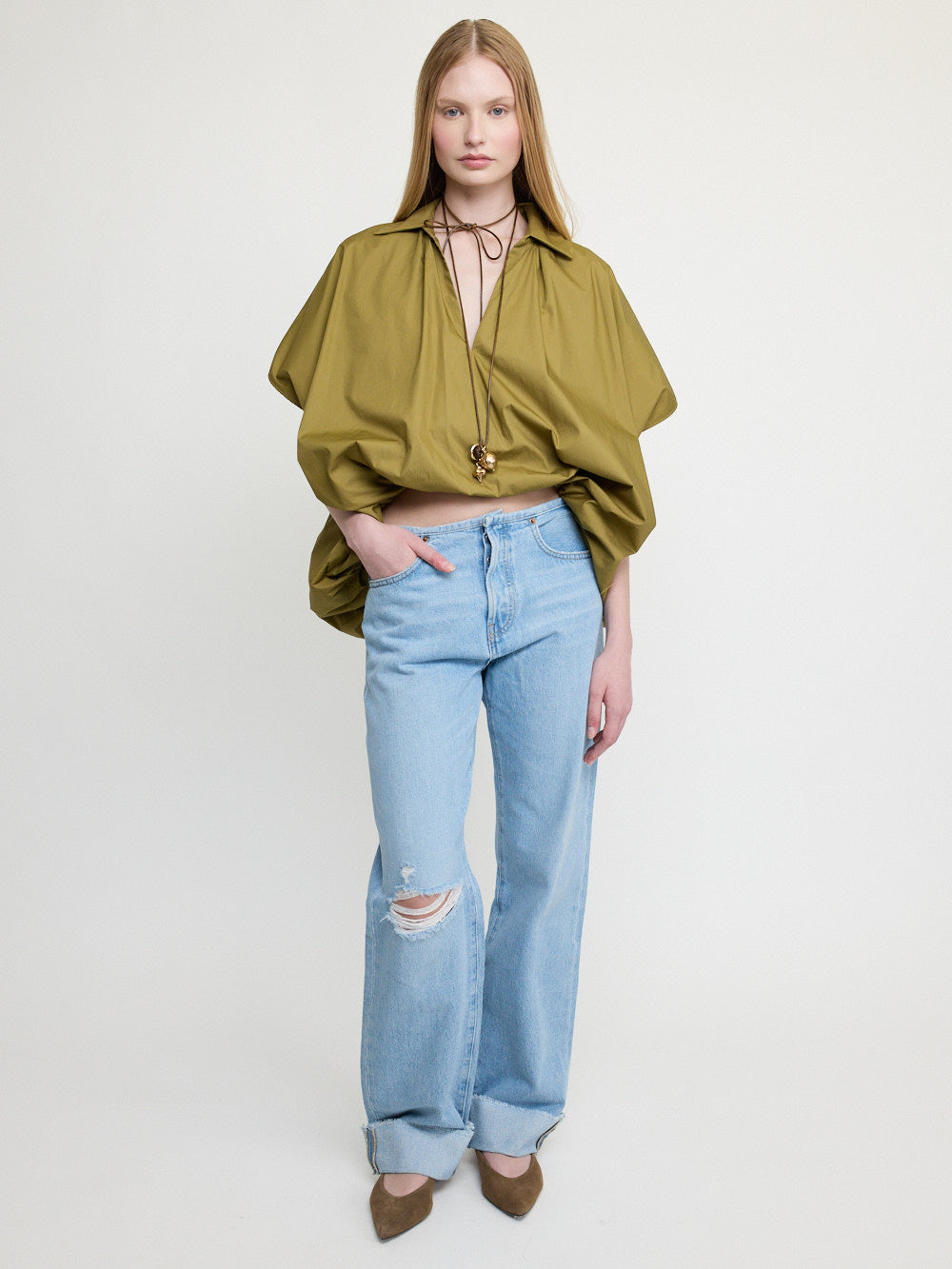 Oversized Balloon Sleeve Blouse Olive