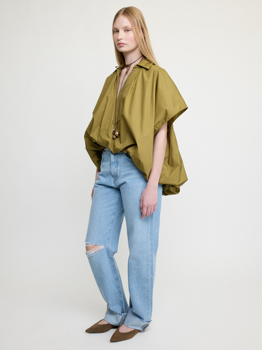 Oversized Balloon Sleeve Blouse Olive