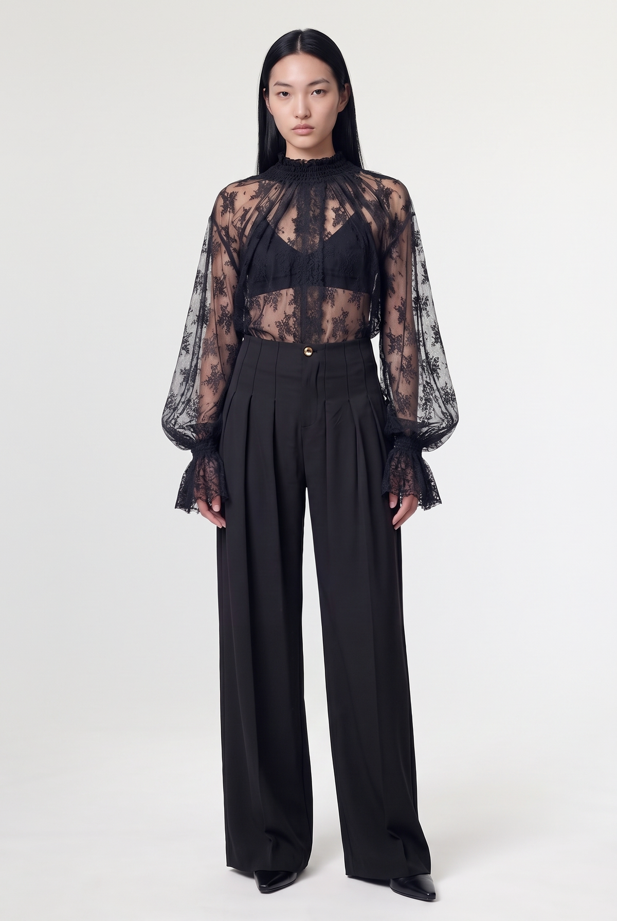 Sheer Lace High-Neck Blouse - Black - front view