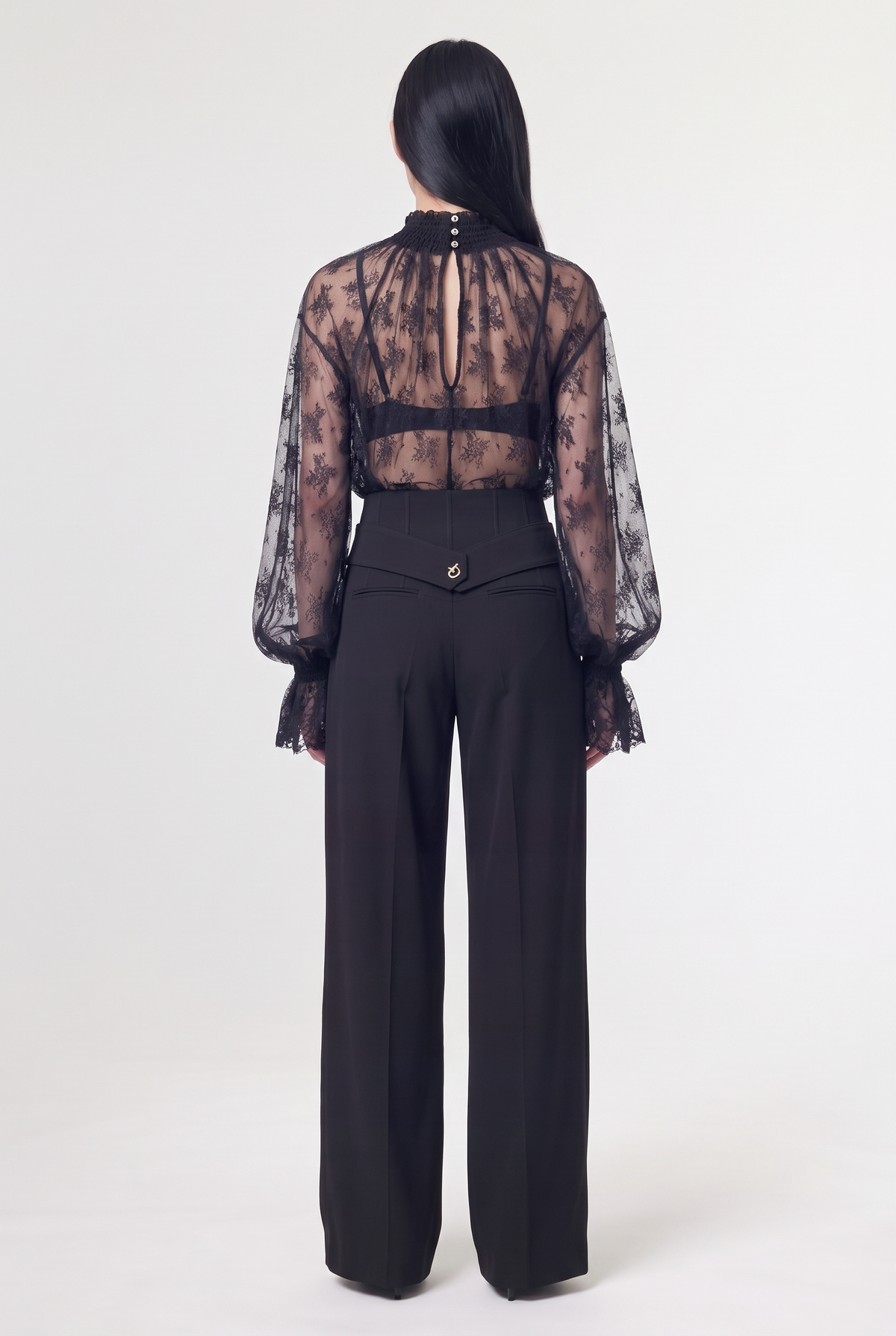 Sheer Lace High-Neck Blouse - Black - back view