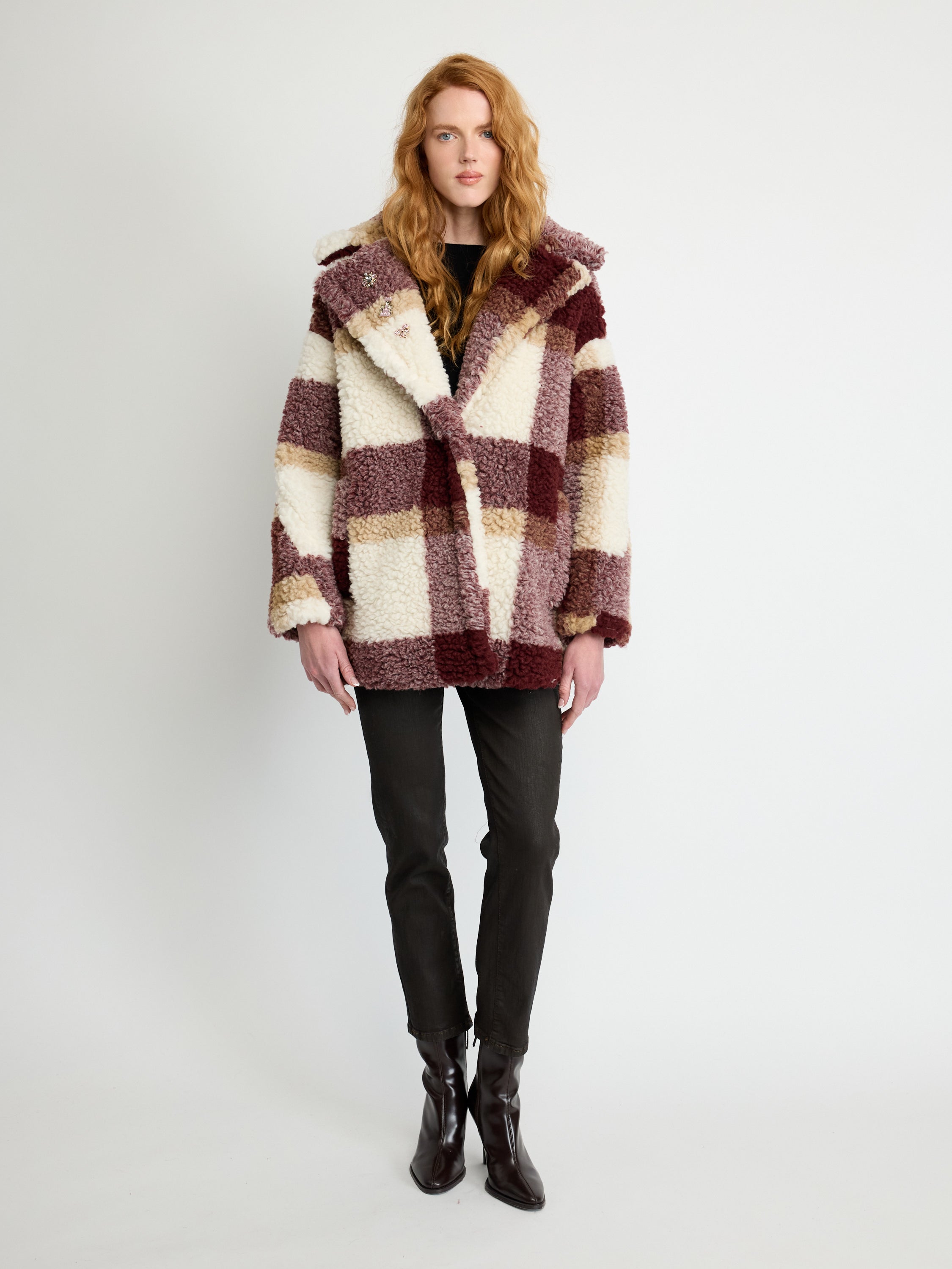 Checked Faux Shearling Coat