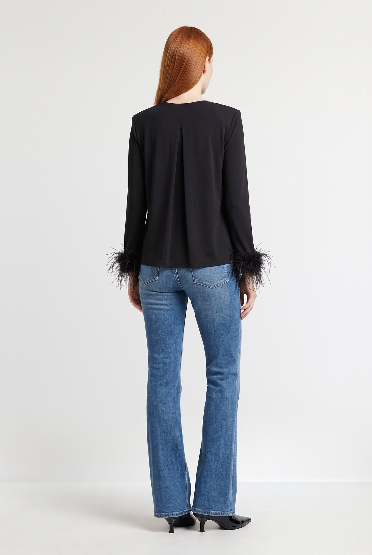 Feather-Cuff long Sleeve Top - Black - back view