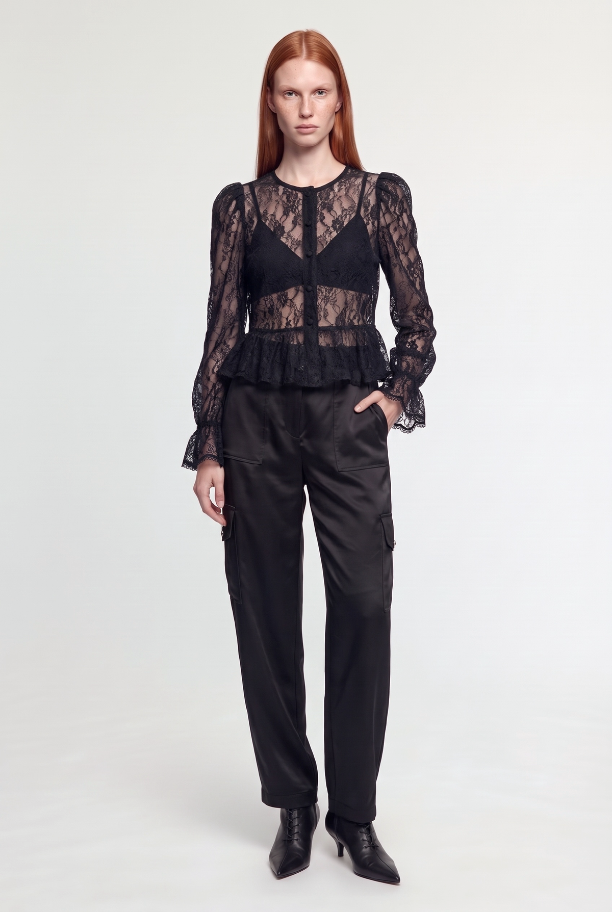 Sheer Lace Peplum Blouse - Black - front view