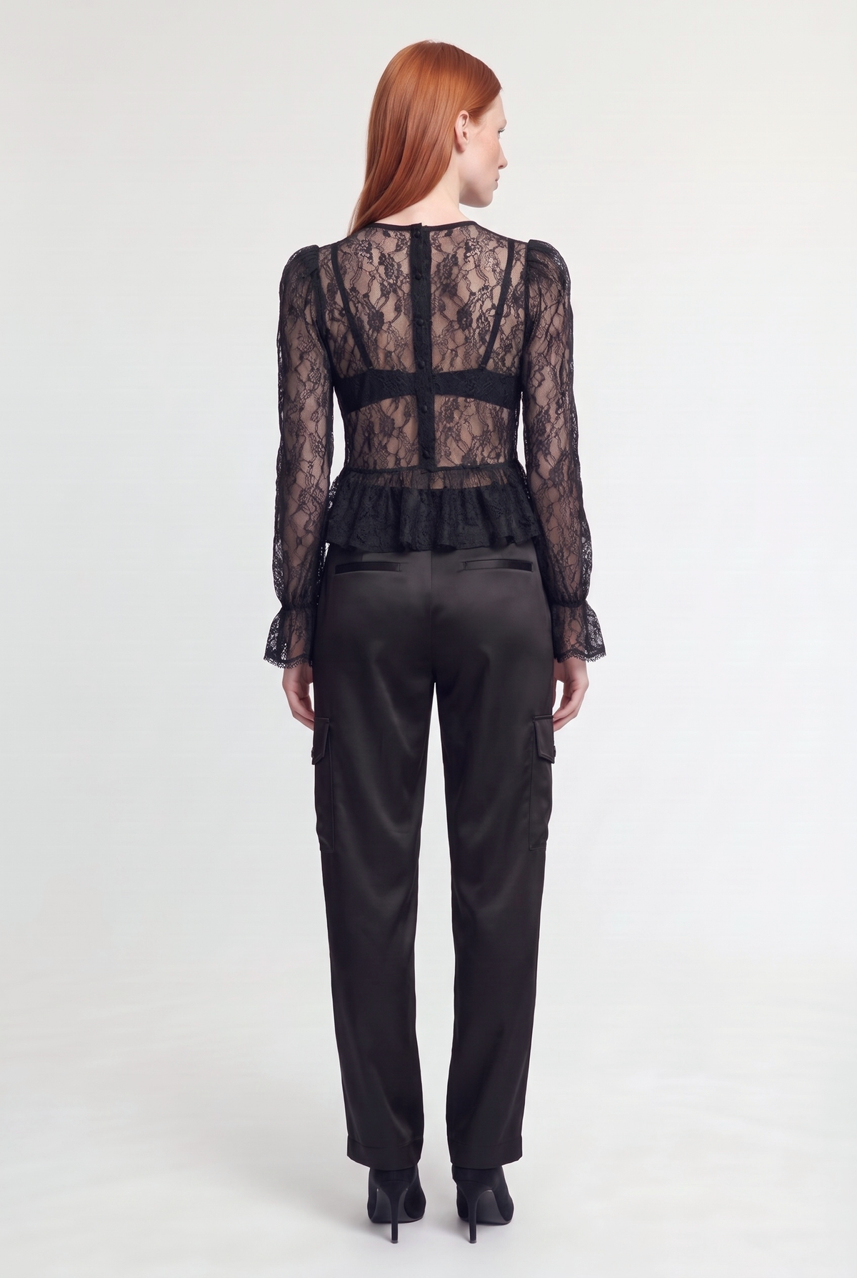 Sheer Lace Peplum Blouse - Black - back view