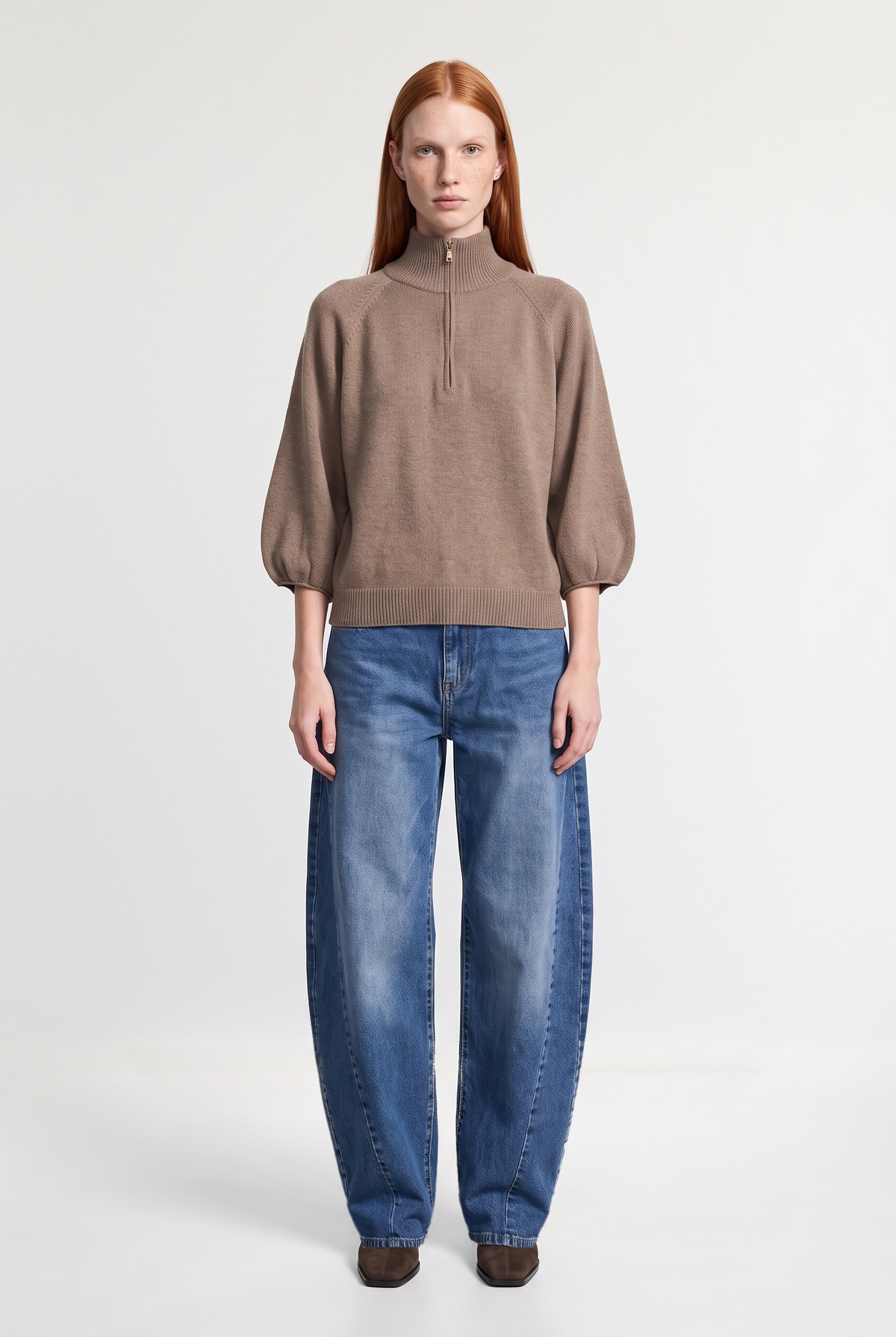 Taupe zip mock-neck knit - Taupe - front view