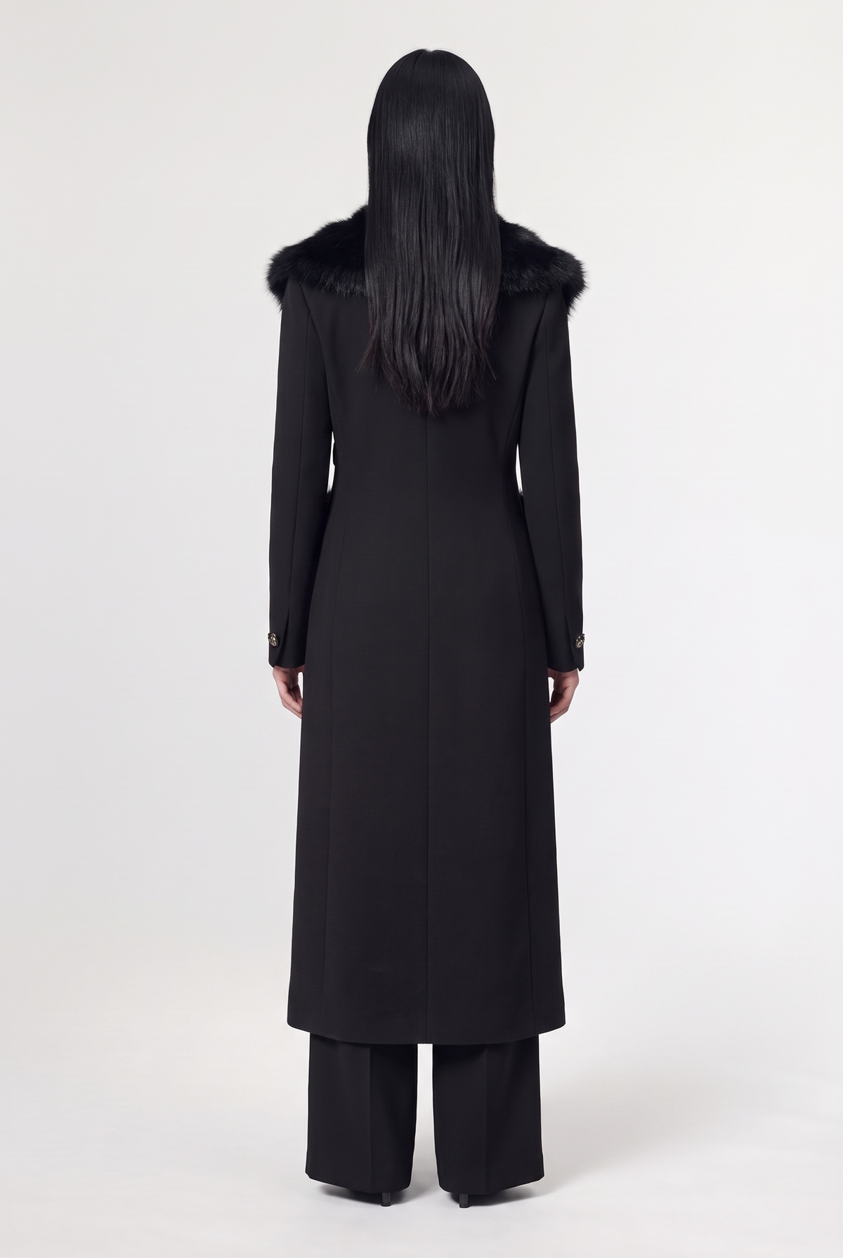 Faux-Fur-Trim Long Coat - Black - back view