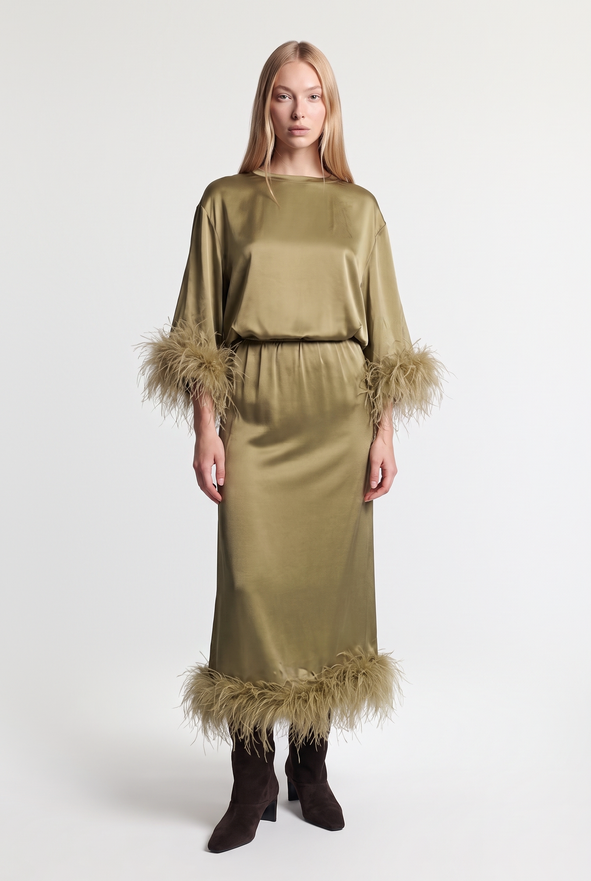 Feather-Trim Satin Midi Skirt - Tea - front view