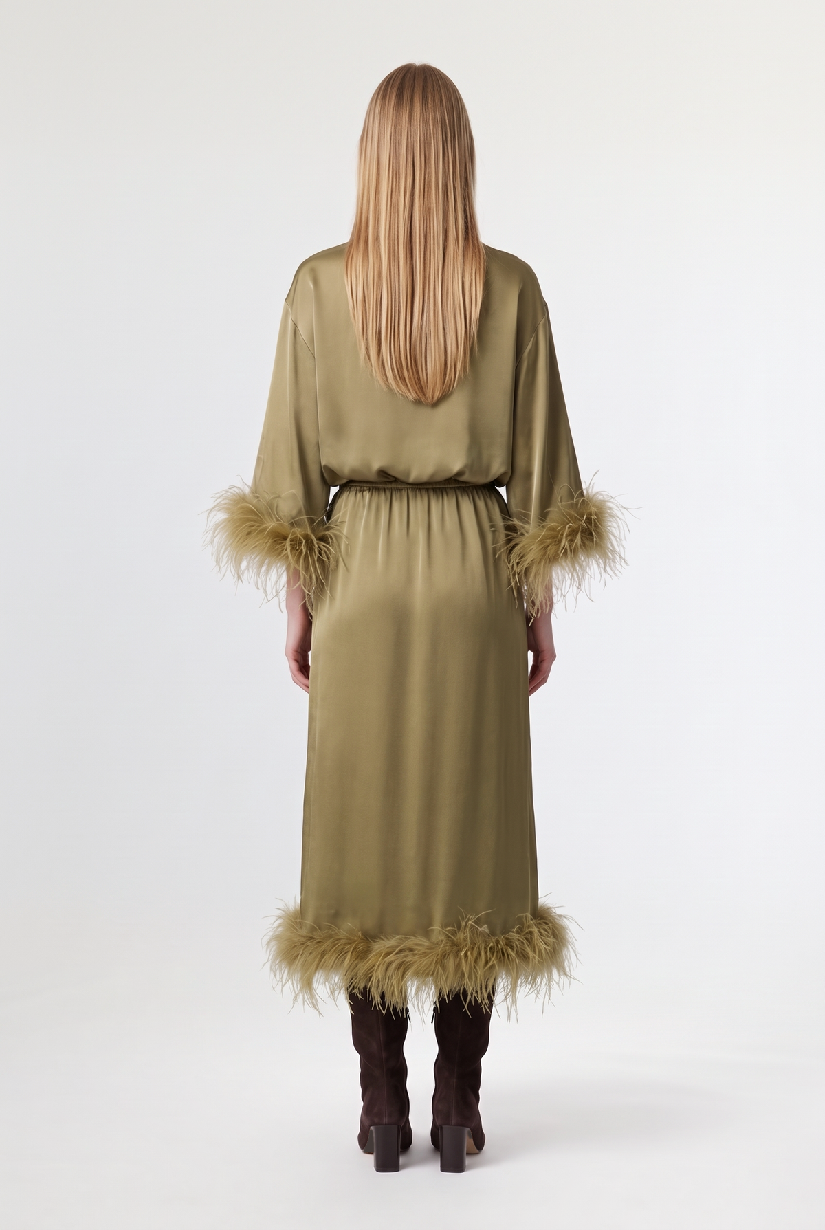 Feather-Trim Satin Midi Skirt - Tea - back view