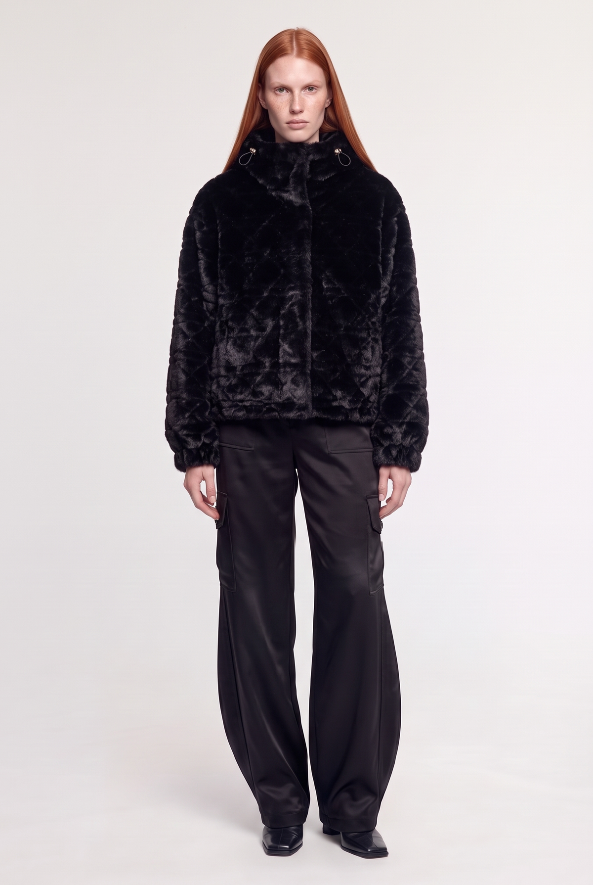 Quilted Faux-Fur Hooded Bomber - Black - on model, front