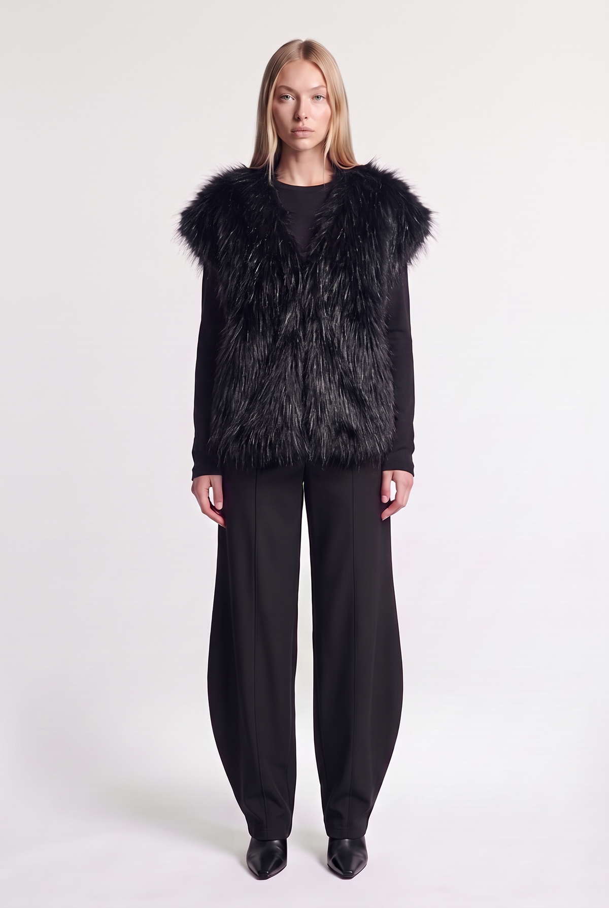 Shaggy Faux-Fur Vest - Black - on model, front