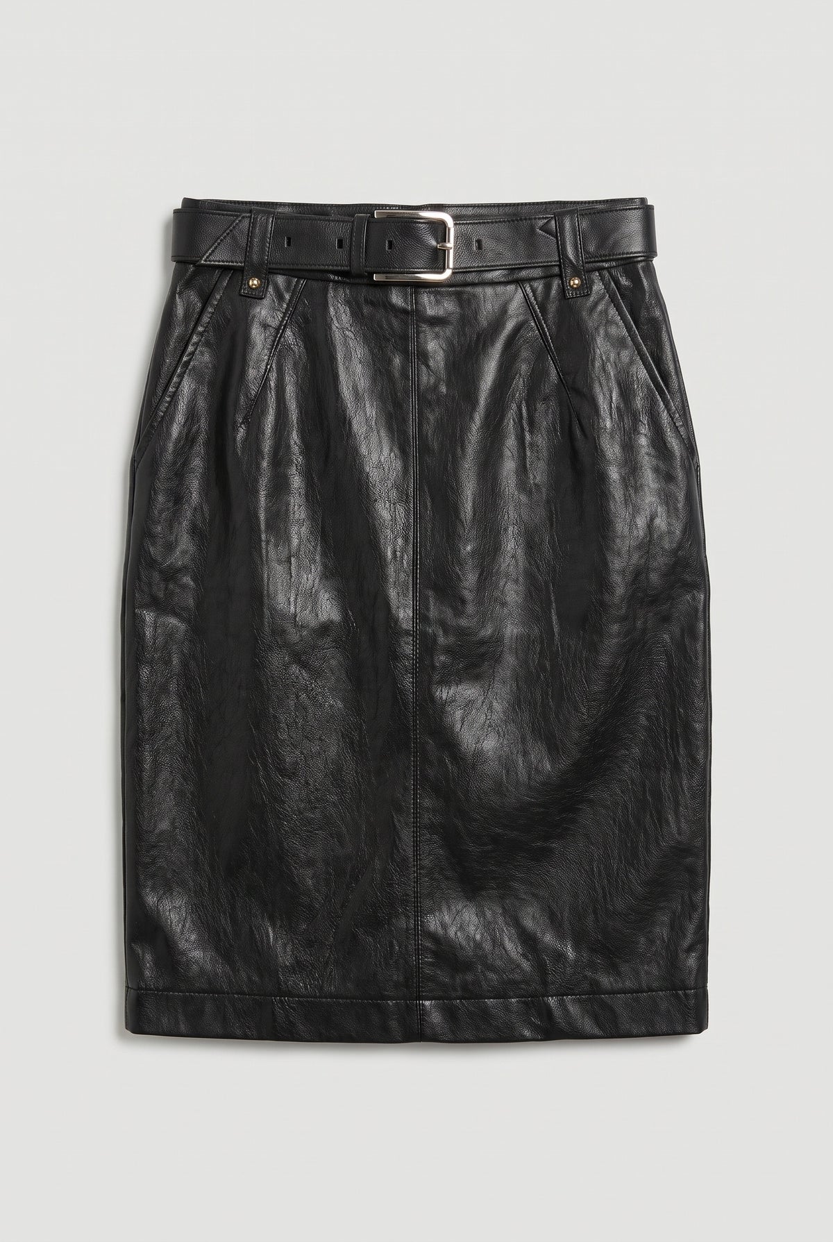 Belted Leather midi Skirt - Black - flat lay
