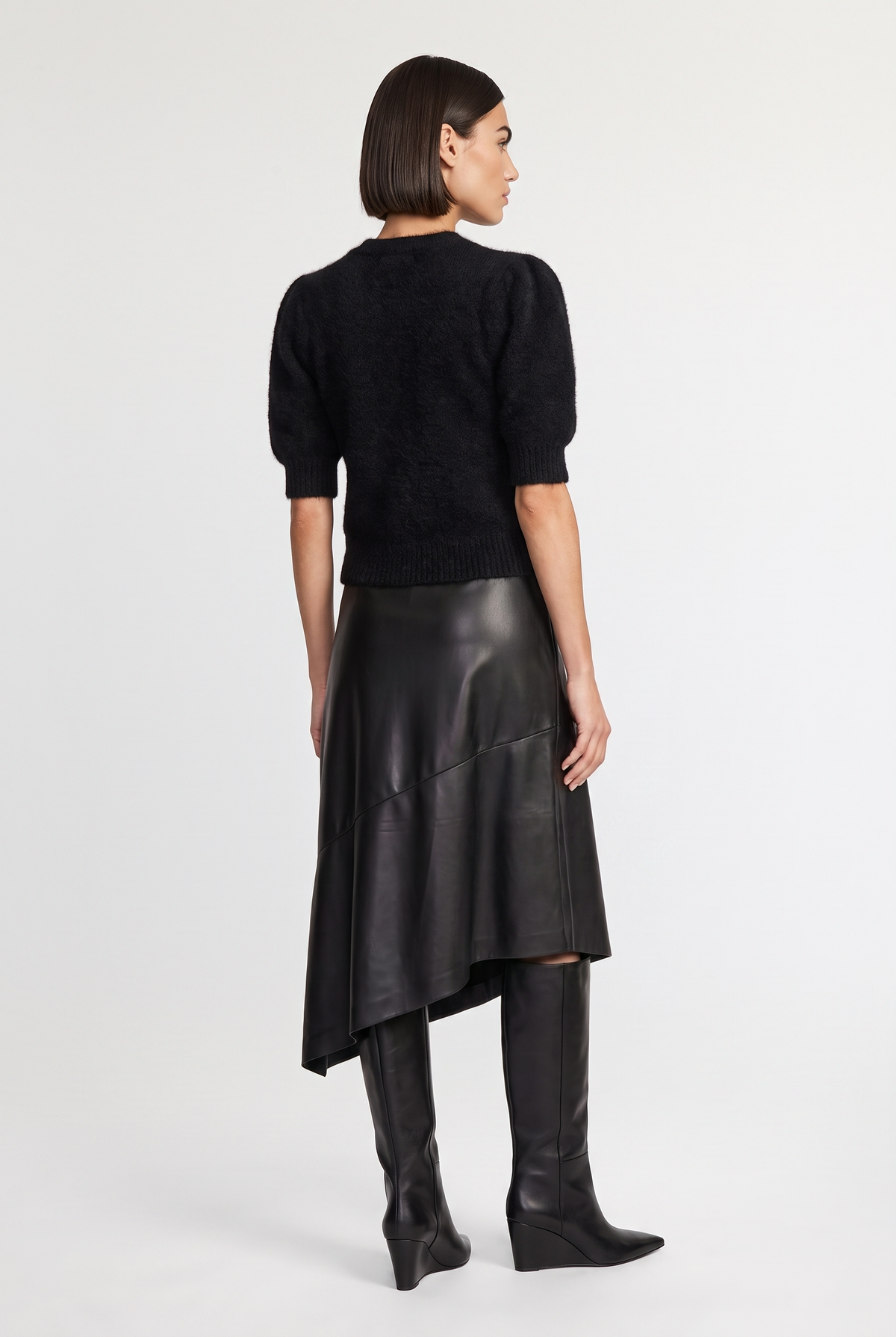 Asymmetrical Leather Midi Skirt - Black - styled look, back view
