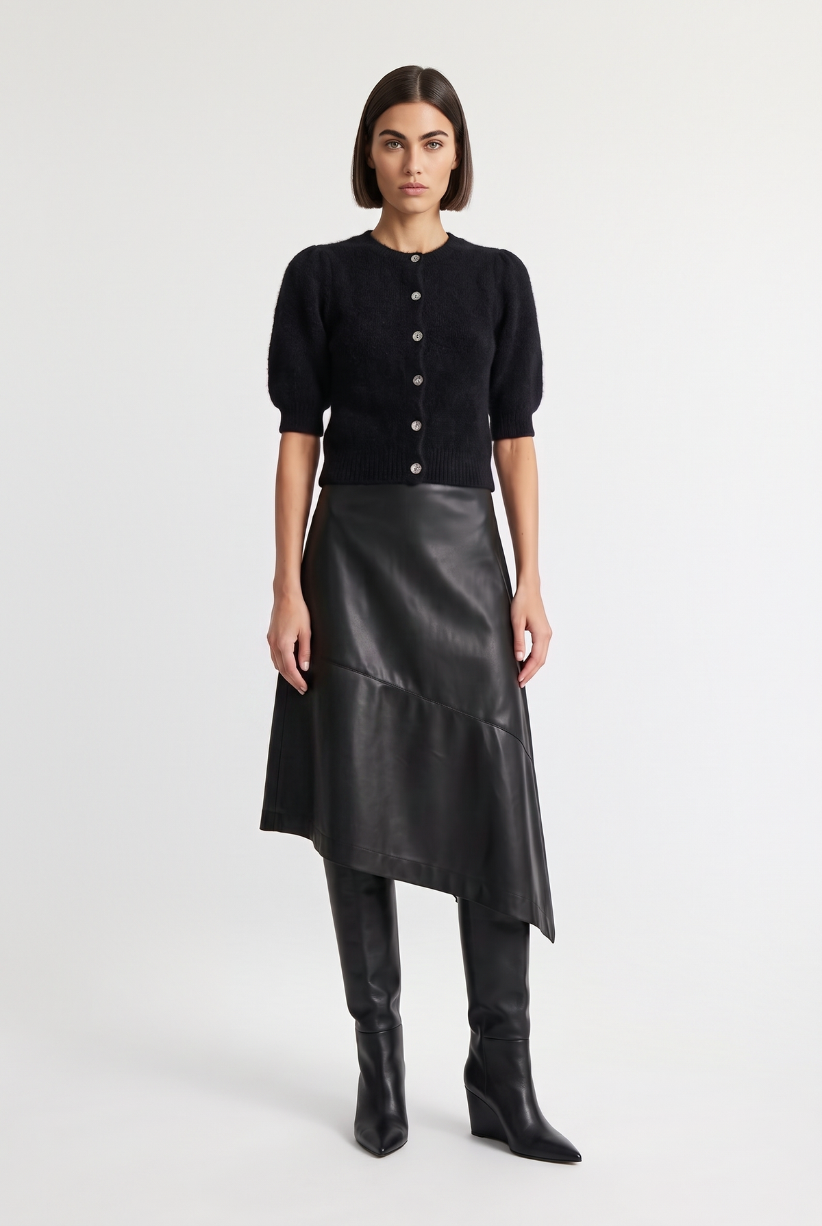 Asymmetrical Leather Midi Skirt - Black - styled look, front view