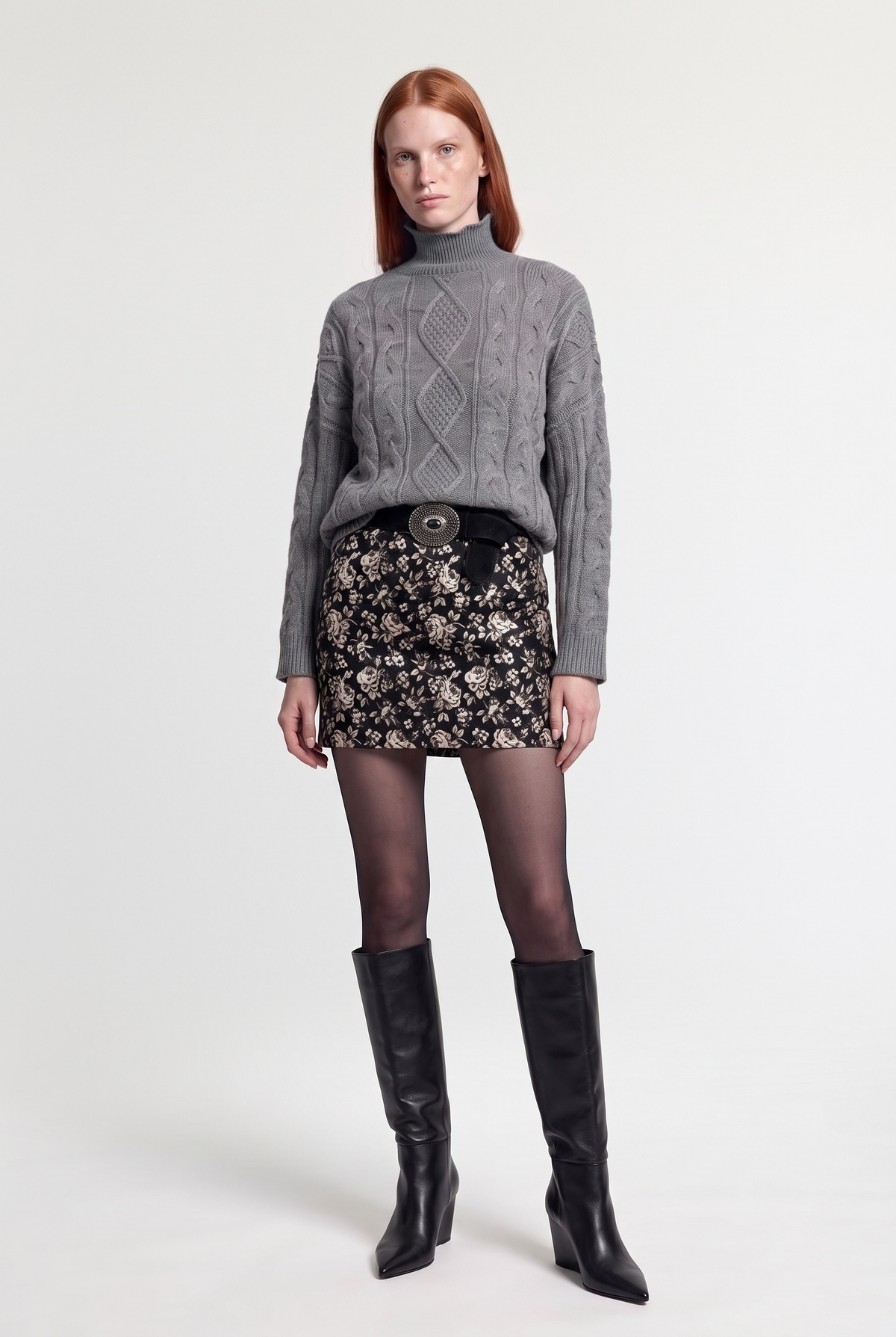Floral Mini Skirt - Black/Beige - front view