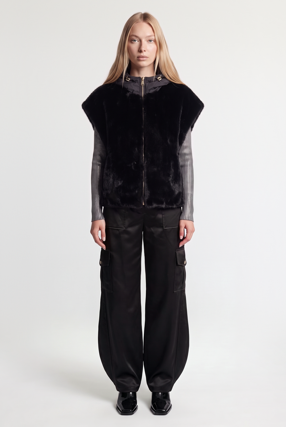 Faux-Fur Vest with Nylon Hood - Black - on model, front