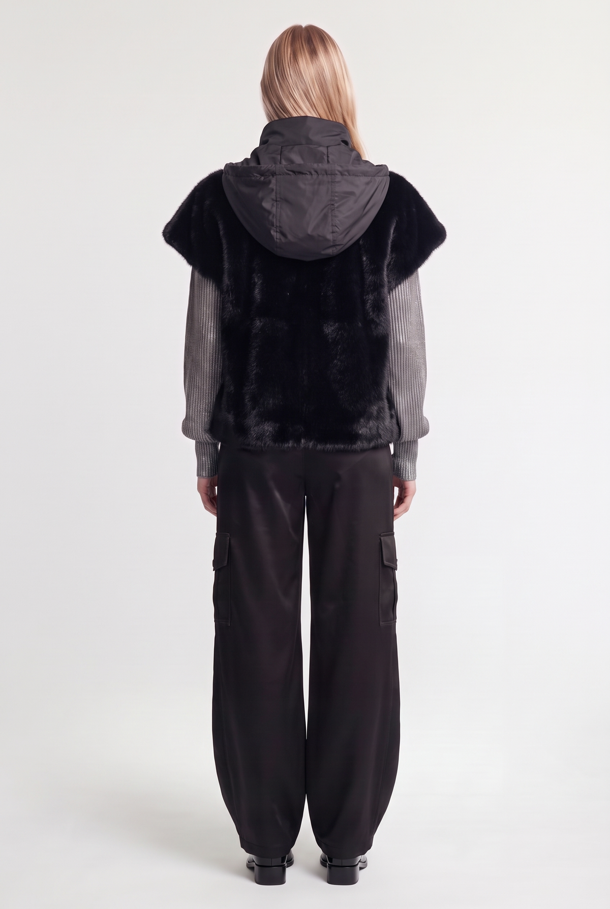 Faux-Fur Vest with Nylon Hood - Black - on model, back