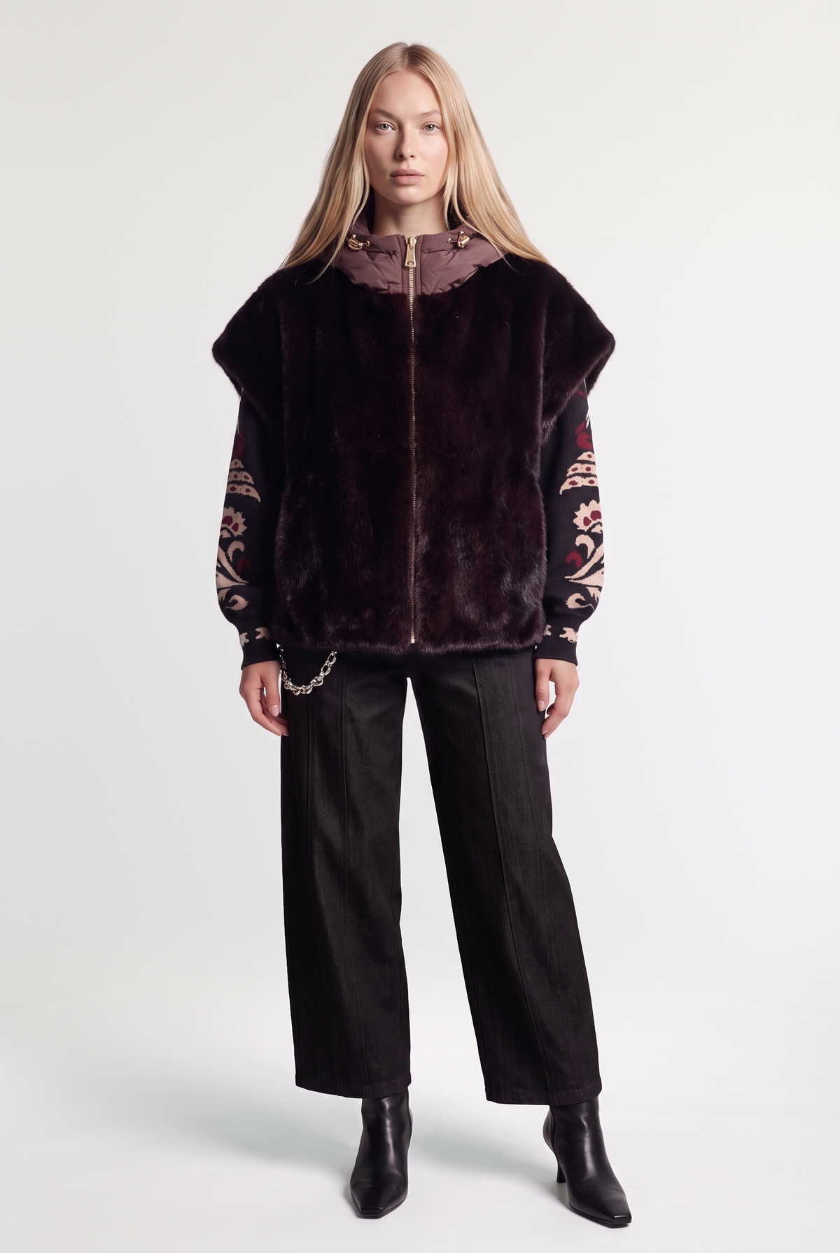 Faux-Fur Vest with Nylon Hood - Wine - on model, front
