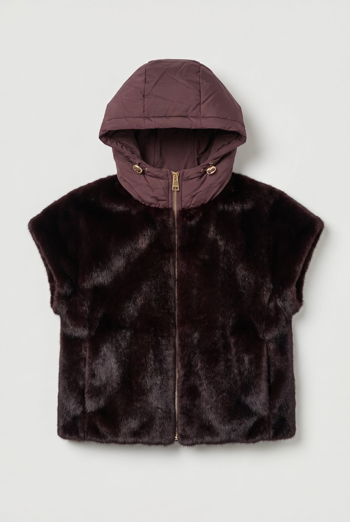 Faux-Fur Vest with Nylon Hood - Wine - flat lay