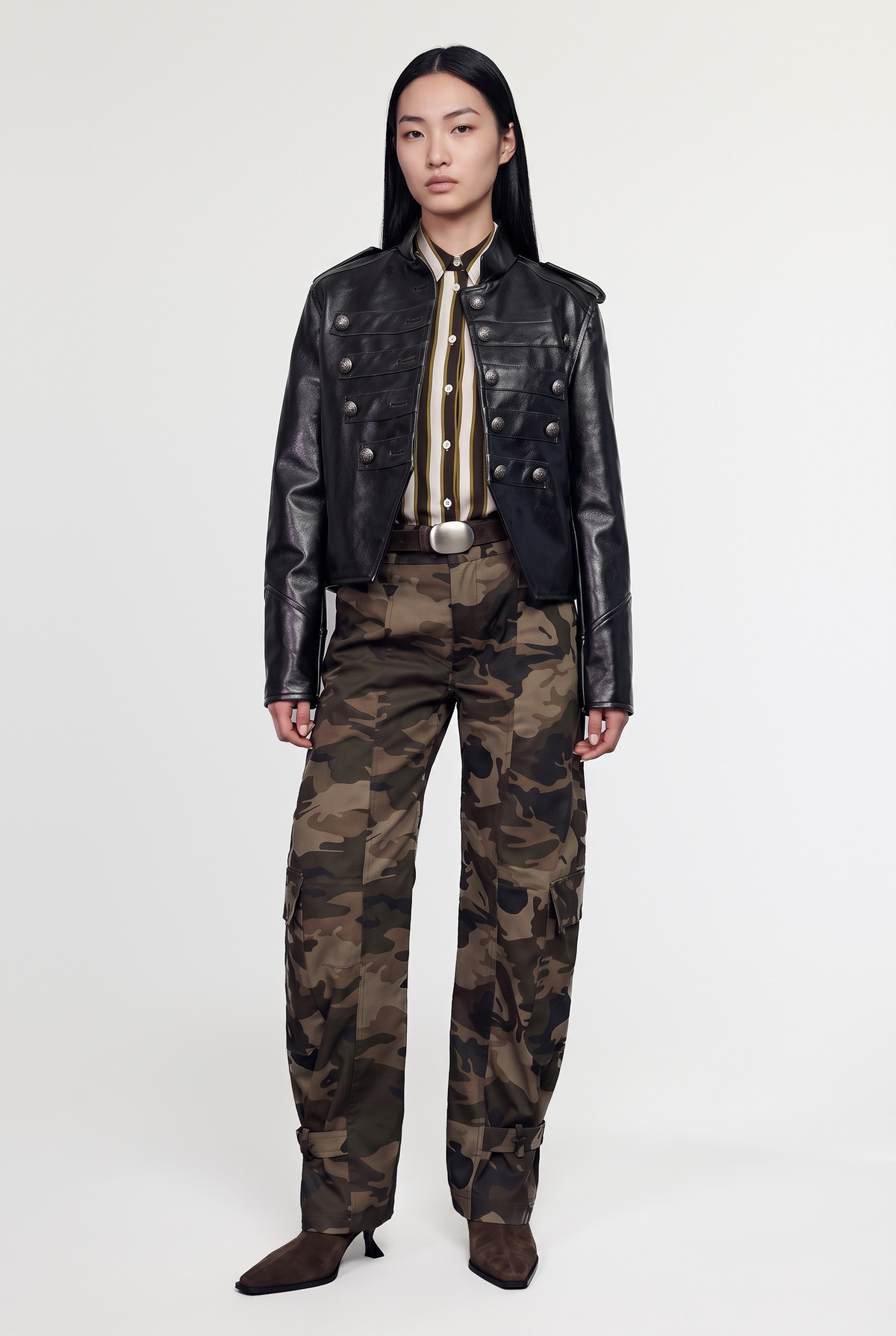Military-Style Faux-Leather Jacket - Black - front view