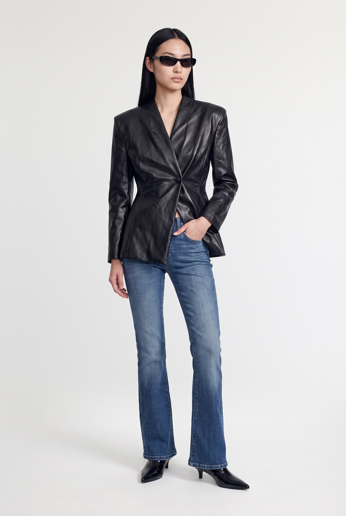Leather Tailored Blazer - Black - front view