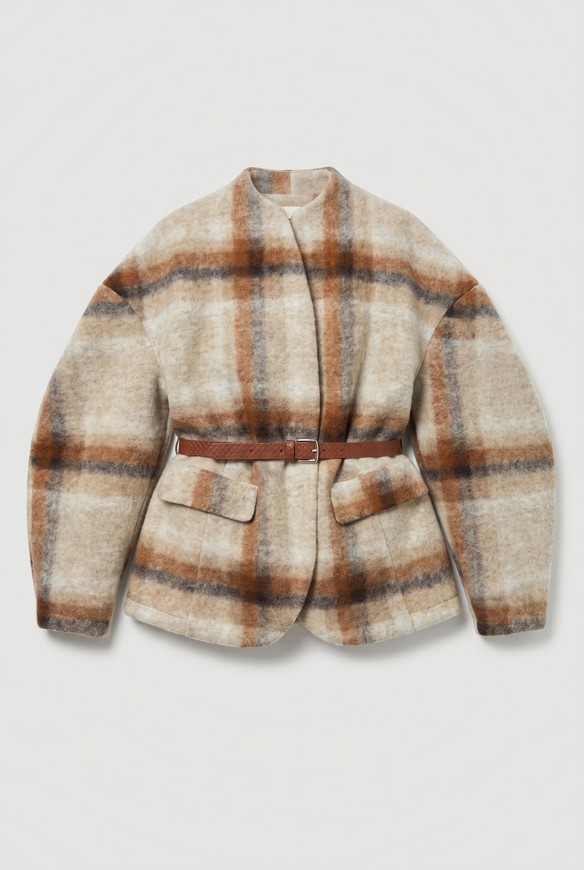 Plaid Tie-Front Jacket - Beige/Brown - flat lay
