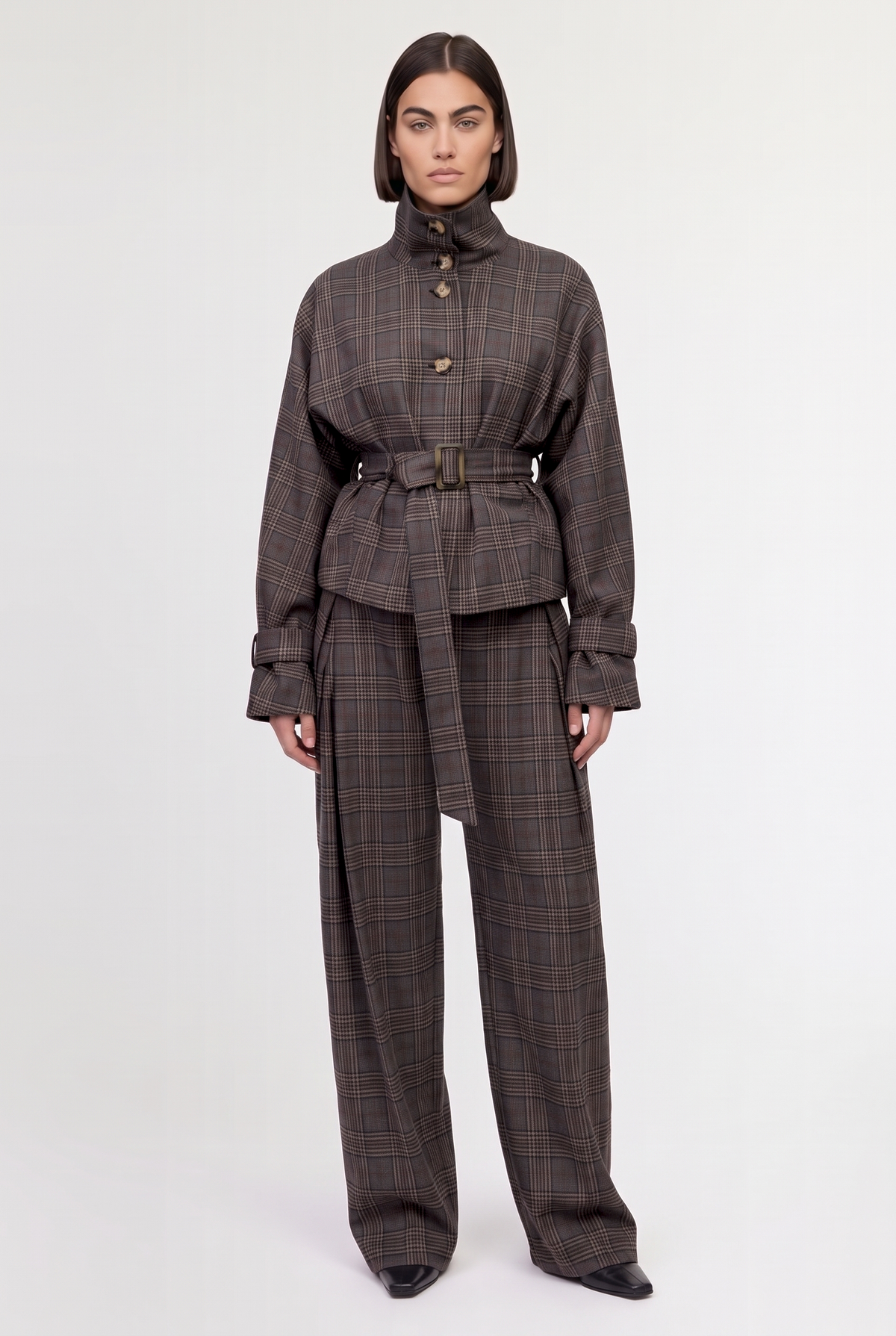 Belted Plaid Coat - Grey/Camel - front view