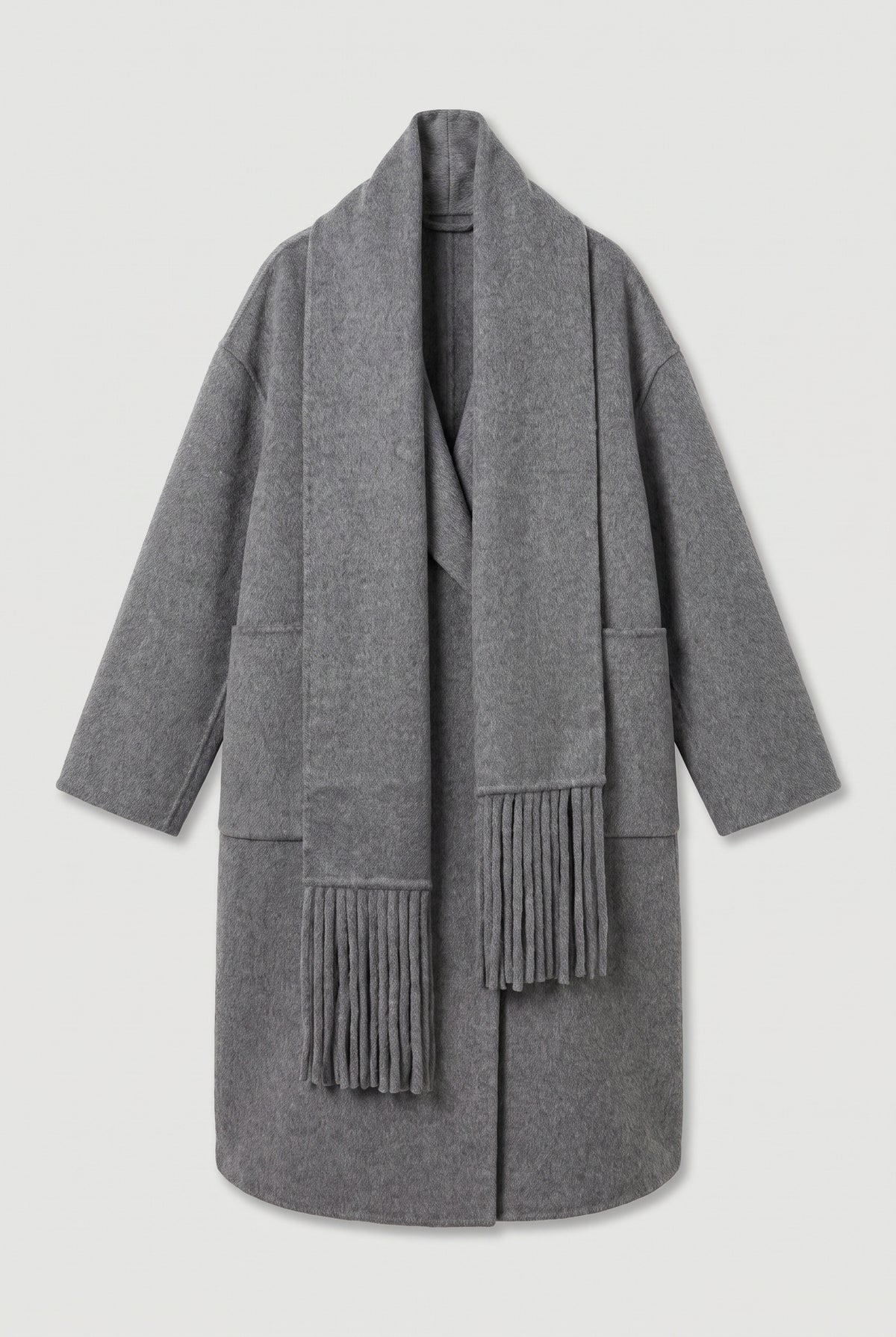 Scarf-Detailed Oversized Coat - Grey - flat lay
