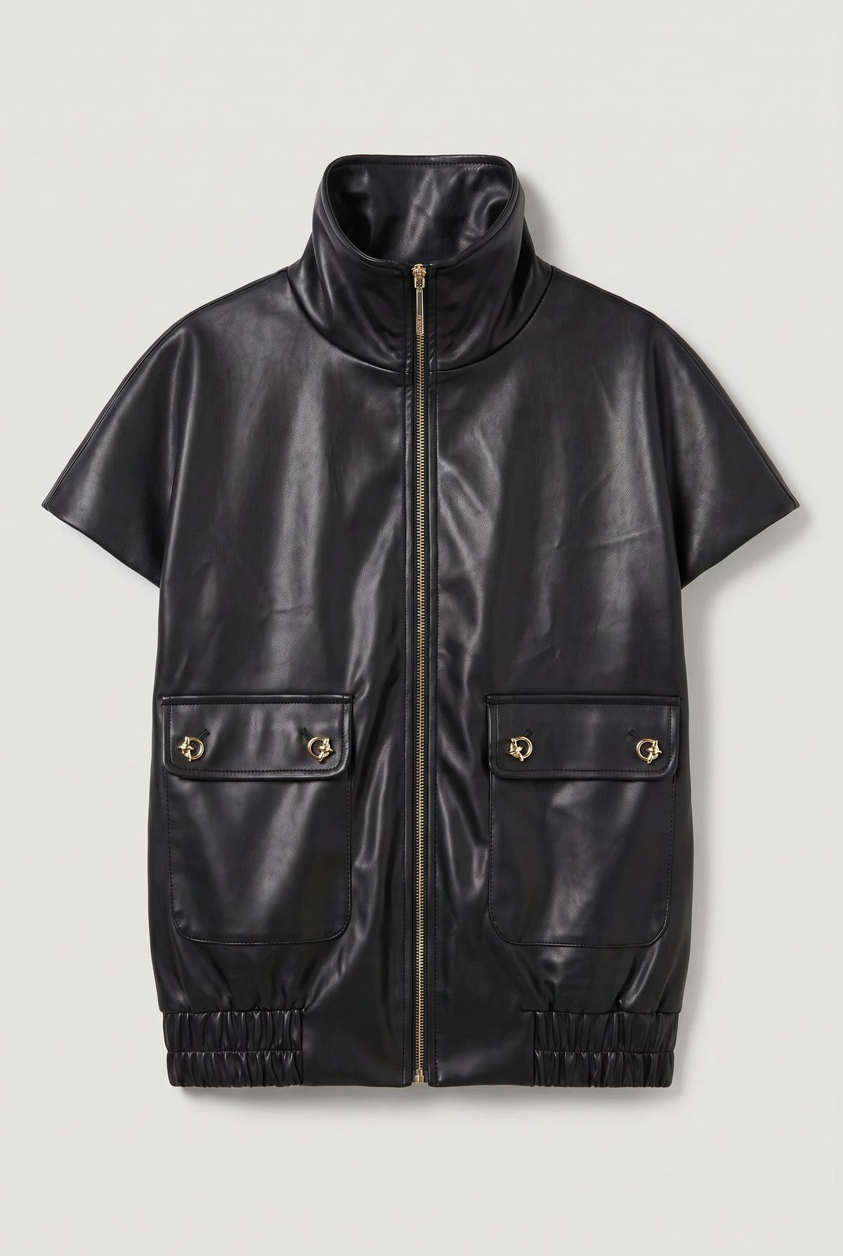 Short-sleeve leather bomber - Black - flat lay