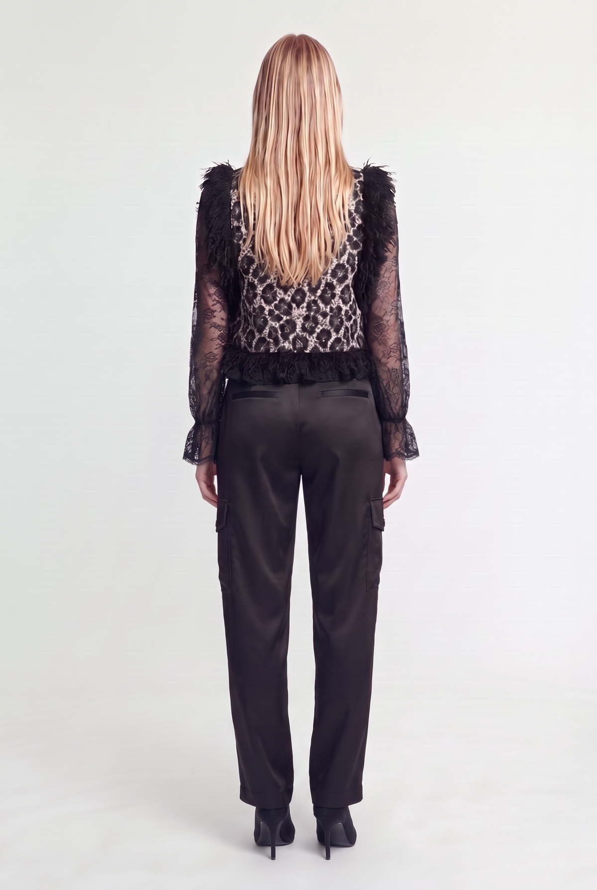 Leopard Jacquard Vest with Shaggy Faux-Fur Trim - Beige/Black - back view