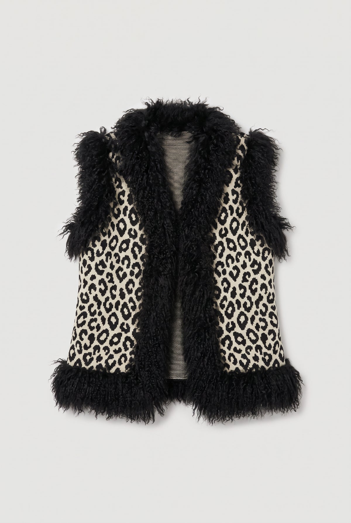 Leopard Jacquard Vest with Shaggy Faux-Fur Trim - Beige/Black - flat lay
