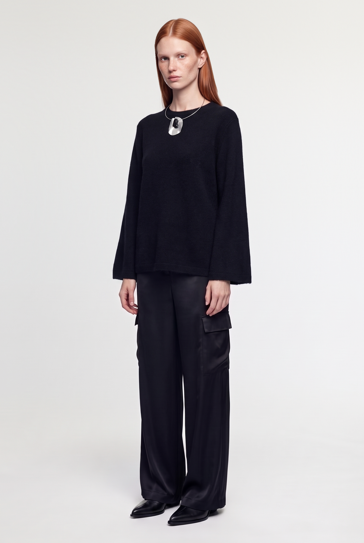 Crew Neck Knit Sweater - Black - front view