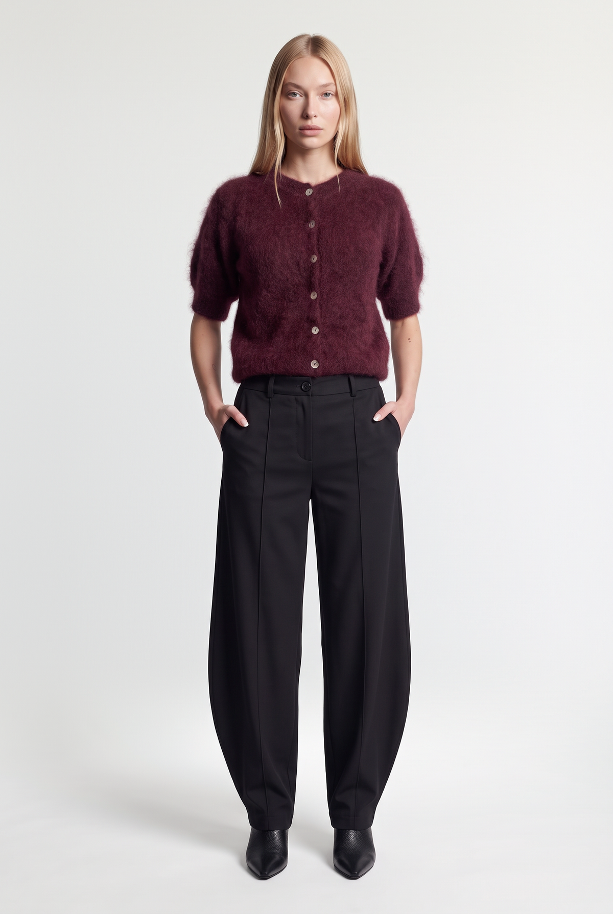 Fluffy Mohair-Blend Short-Sleeve Cardigan - Burgundy - front view