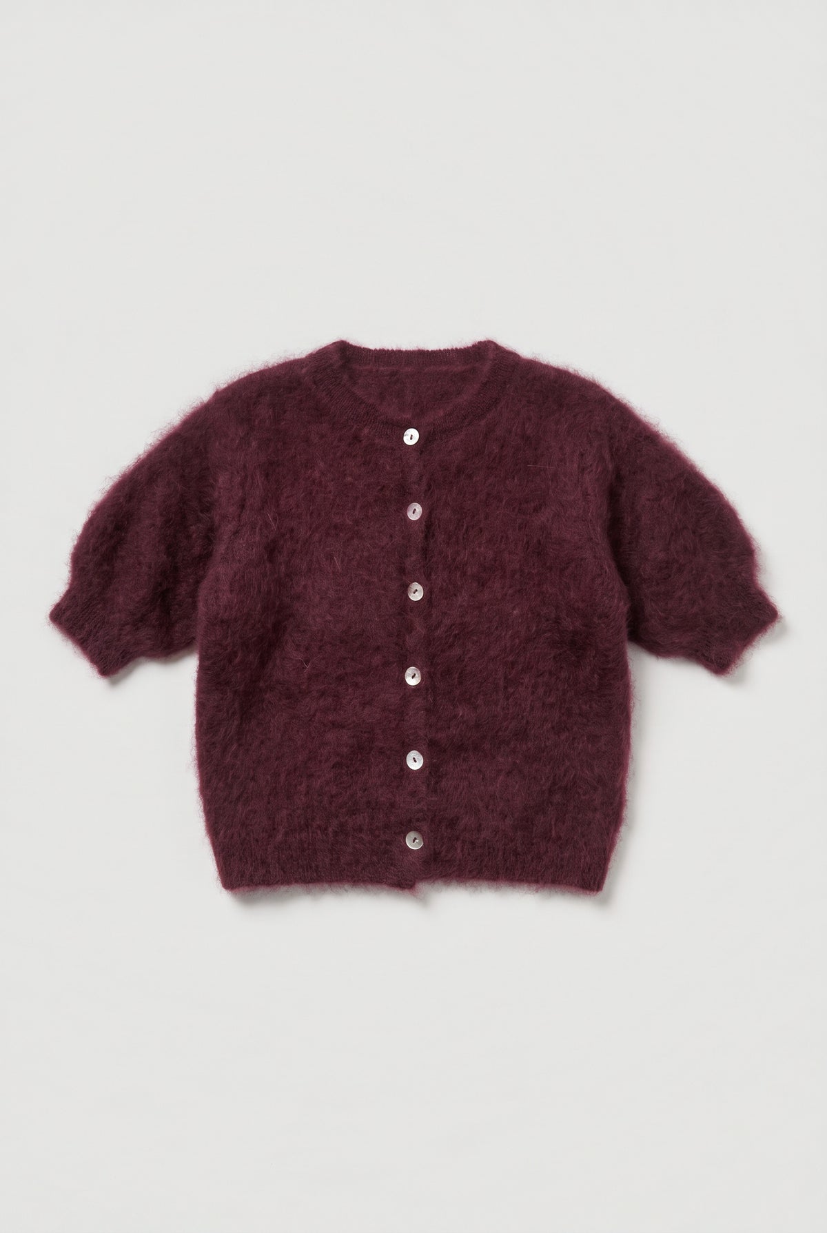 Fluffy Mohair-Blend Short-Sleeve Cardigan - Burgundy - flat lay