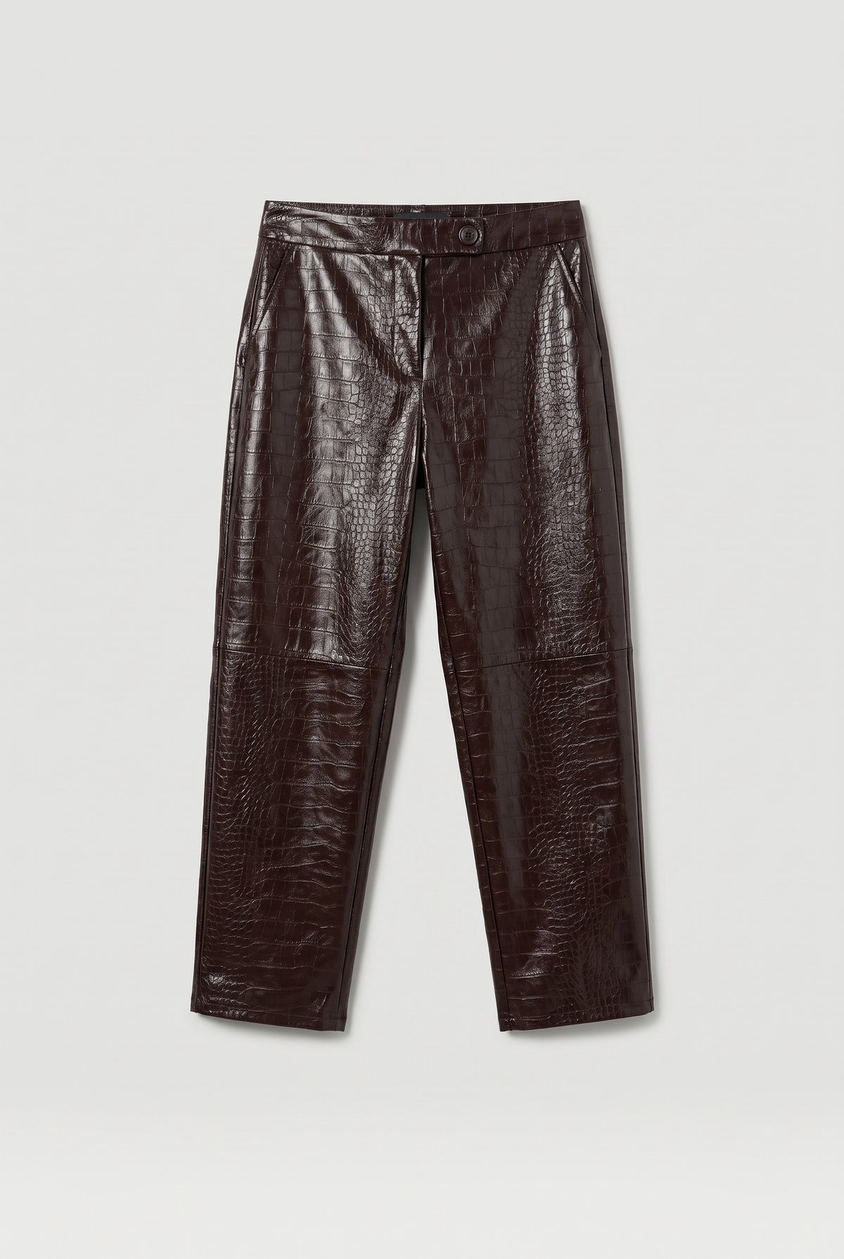 Croc-Effect Leather Trousers - Dark Brown - flat lay