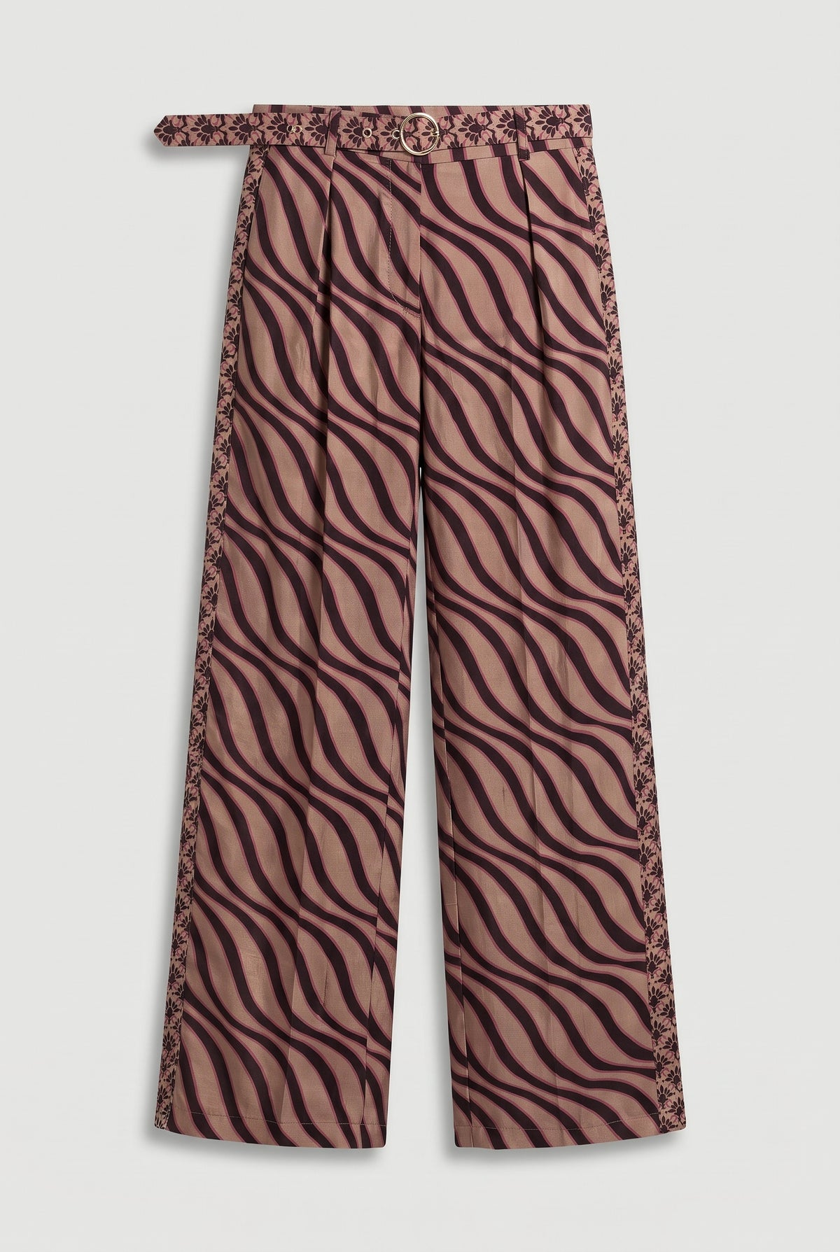 Mixed-Print Belted Pants - Beige/Pink - flat lay