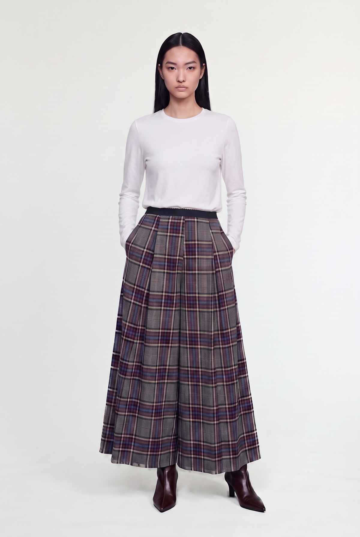 Pleated Plaid Culottes - Grey/Burgundy - front view
