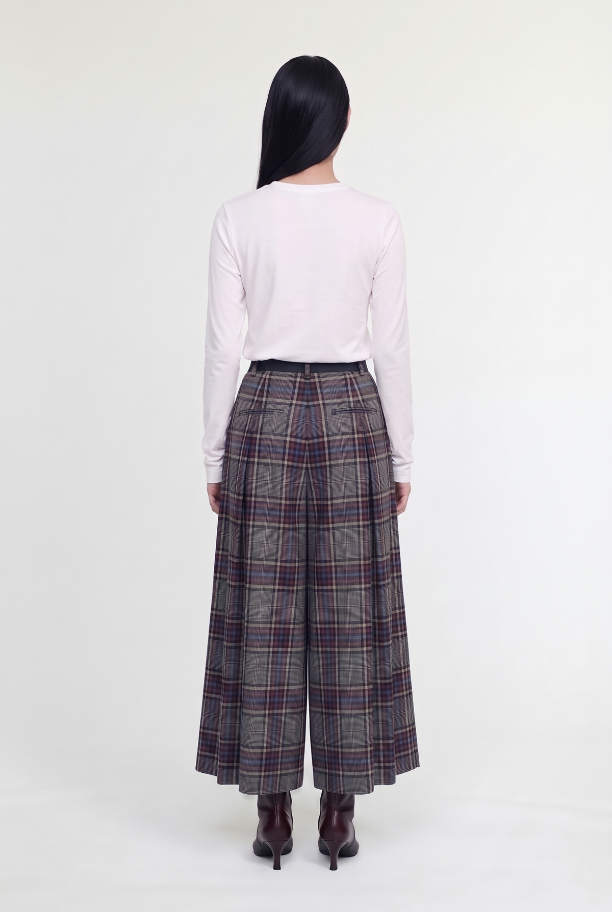 Pleated Plaid Culottes - Grey/Burgundy - back view