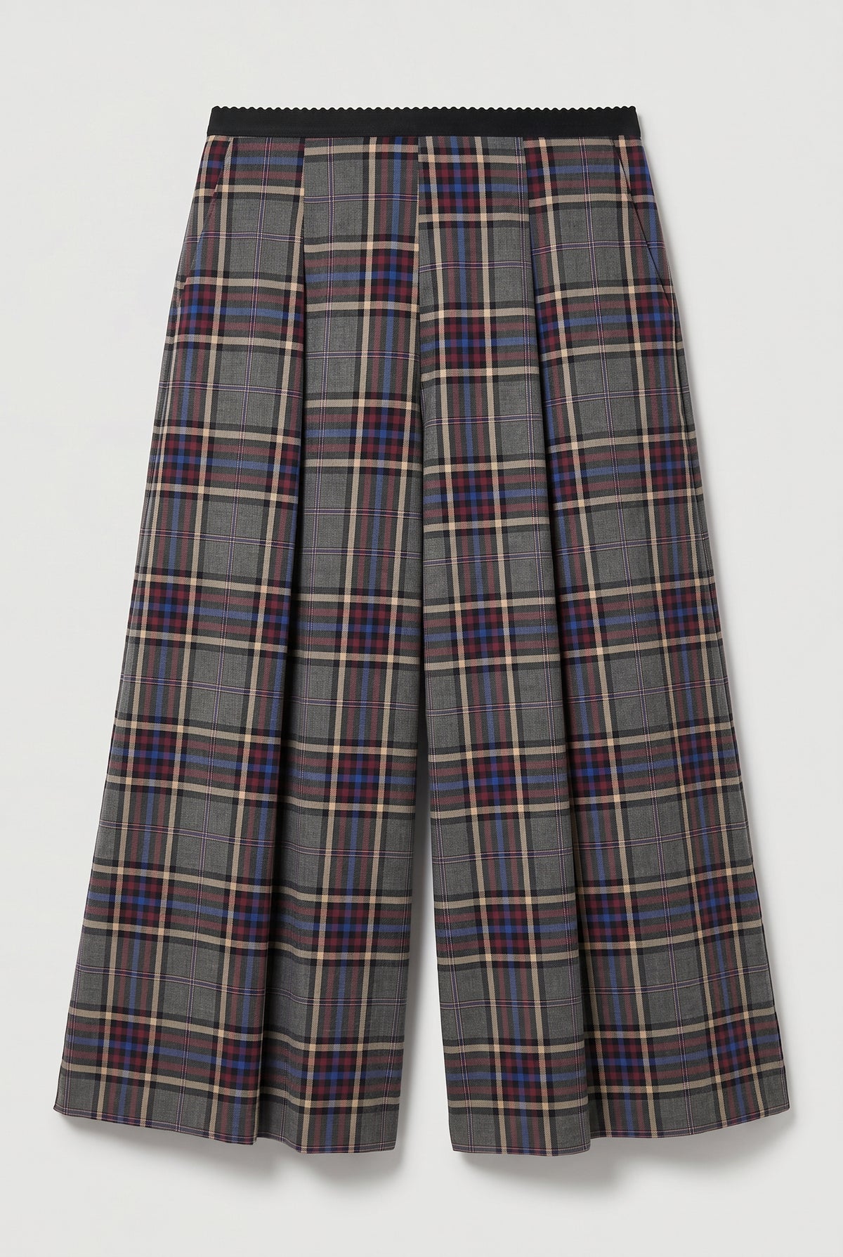 Pleated Plaid Culottes - Grey/Burgundy - flat lay