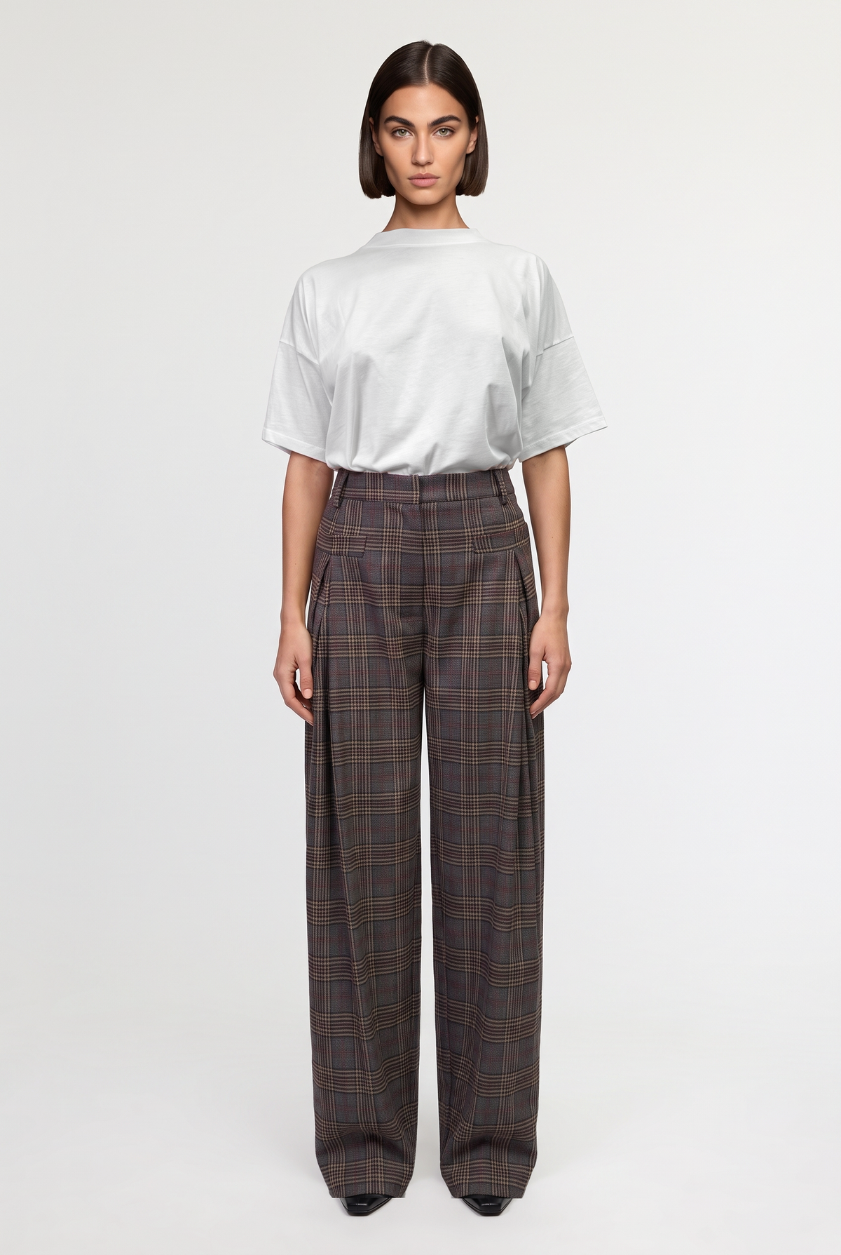 Plaid Pleated Wide-Leg Pants - Grey/Camel - front view