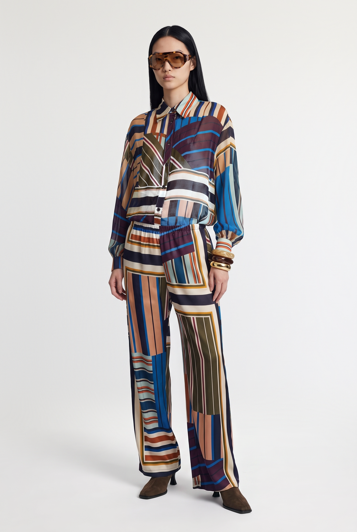 Geometric Print Pants - Multi - styled look, front view