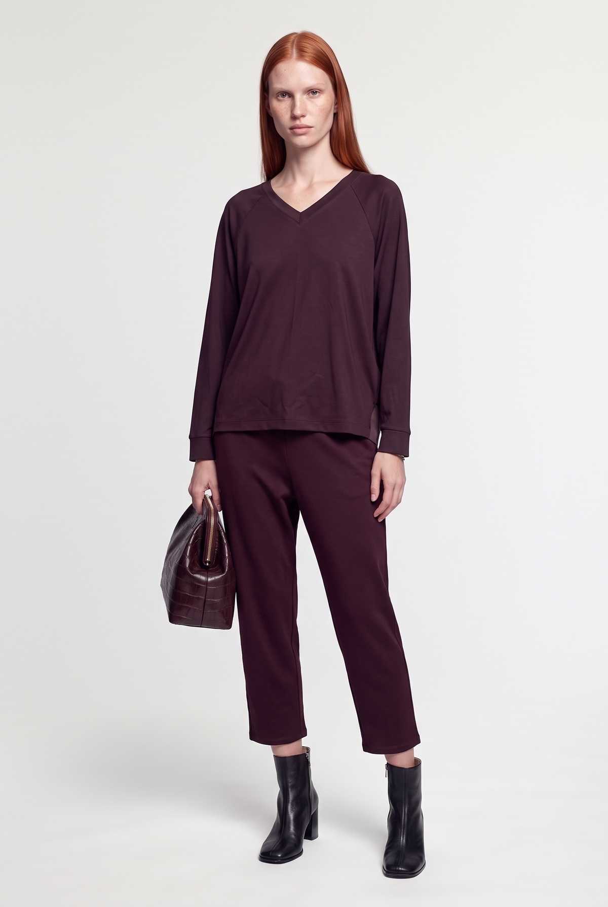 Belted Slim-Leg Pants - Burgundy - styled look, front view