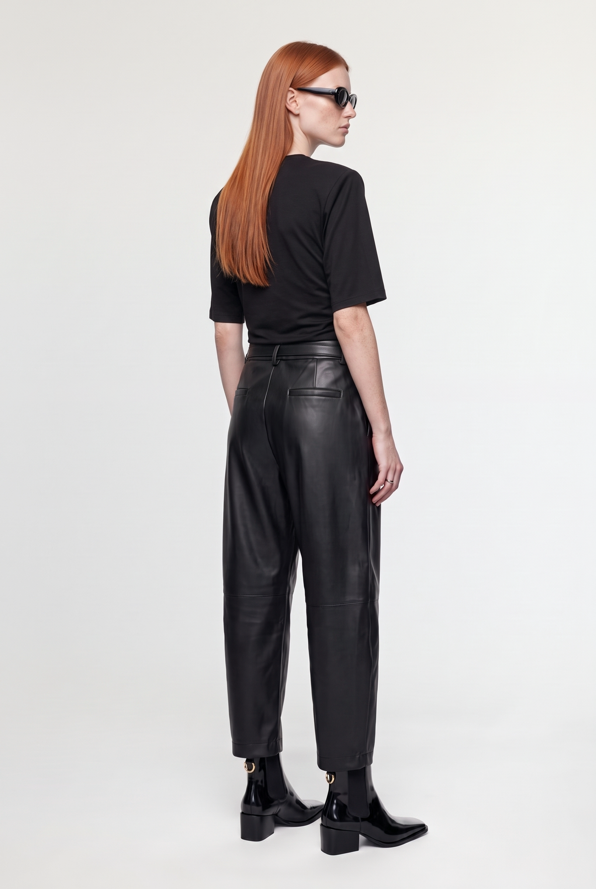 Leather Belted Pants - Black - styled look, back view