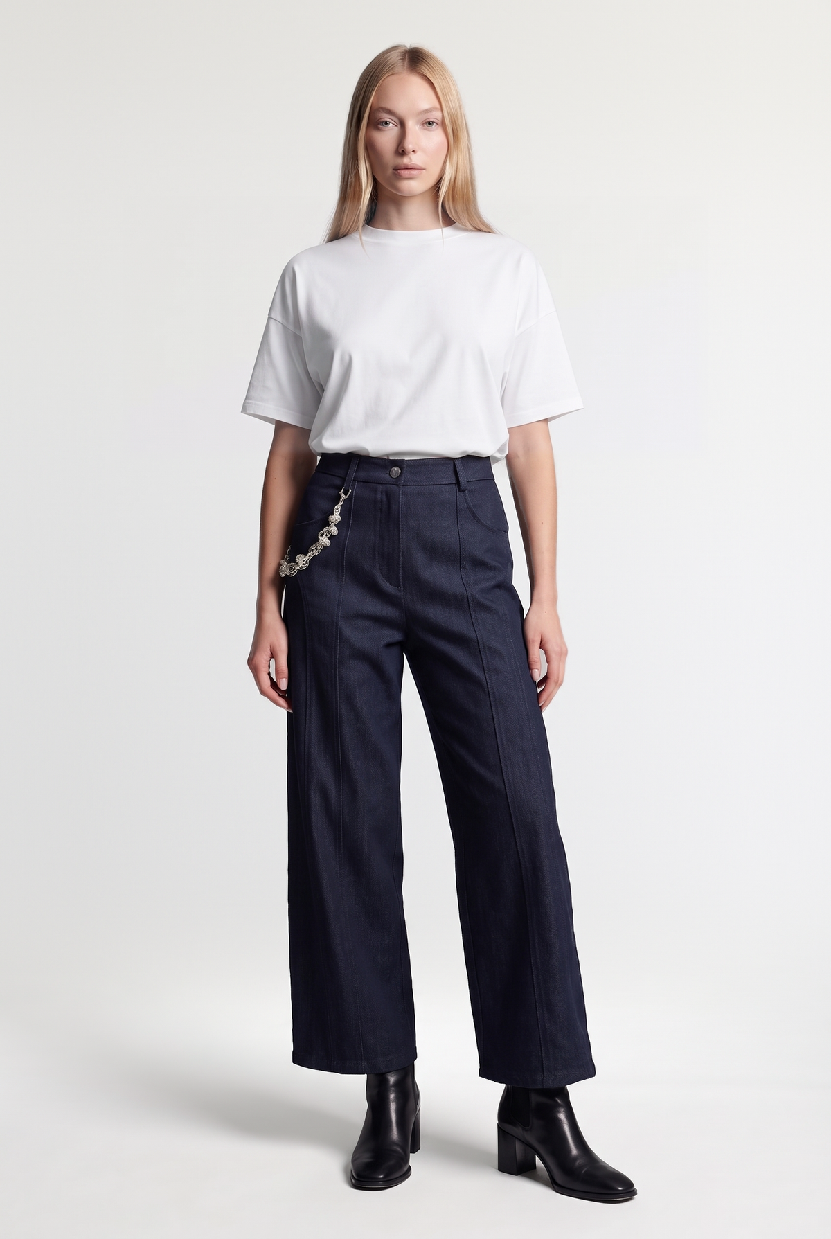 Chain-Detail Barrel-Leg Pants - Blue Denim - front view