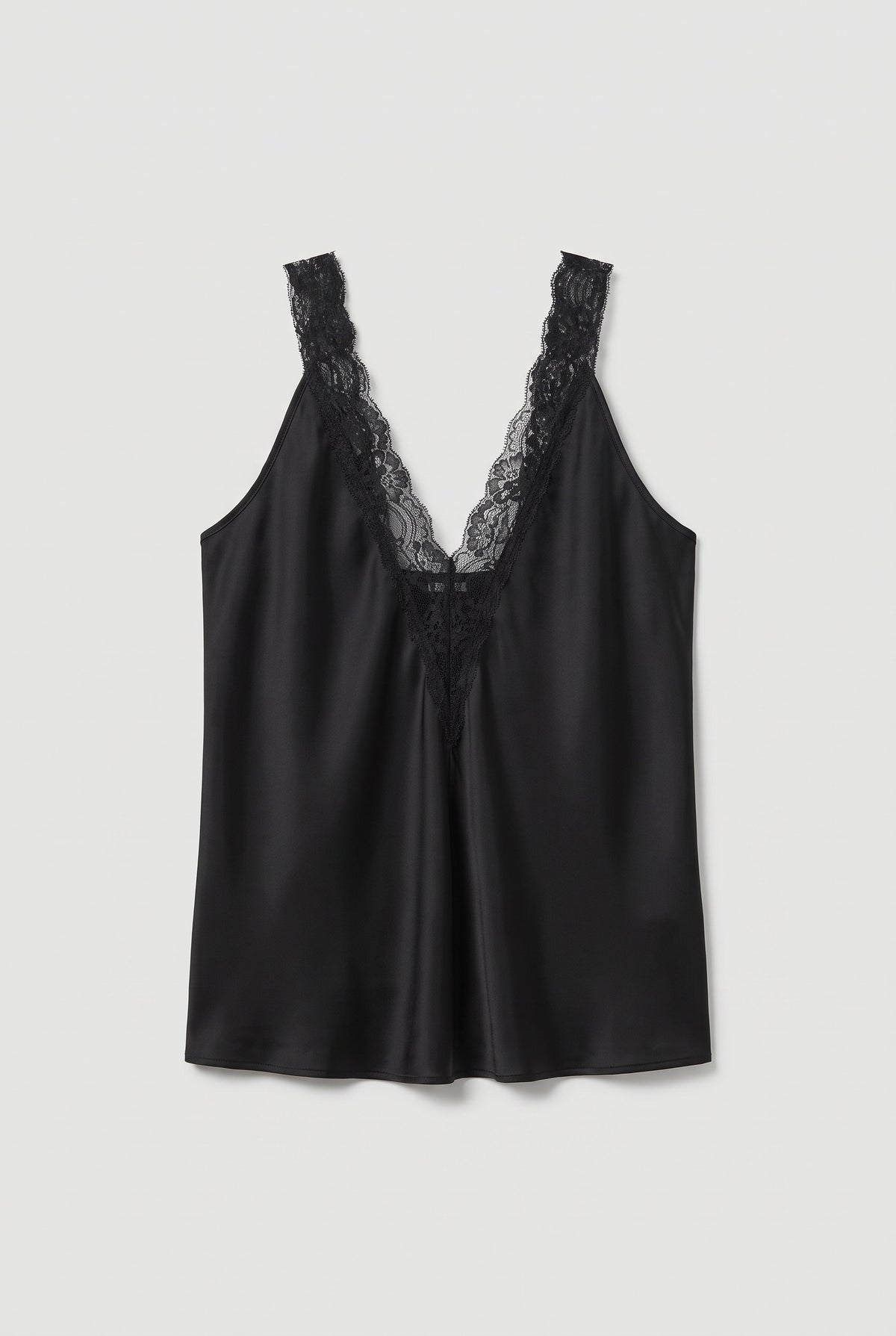 Lace Trim Satin Camisole - Black - flat lay