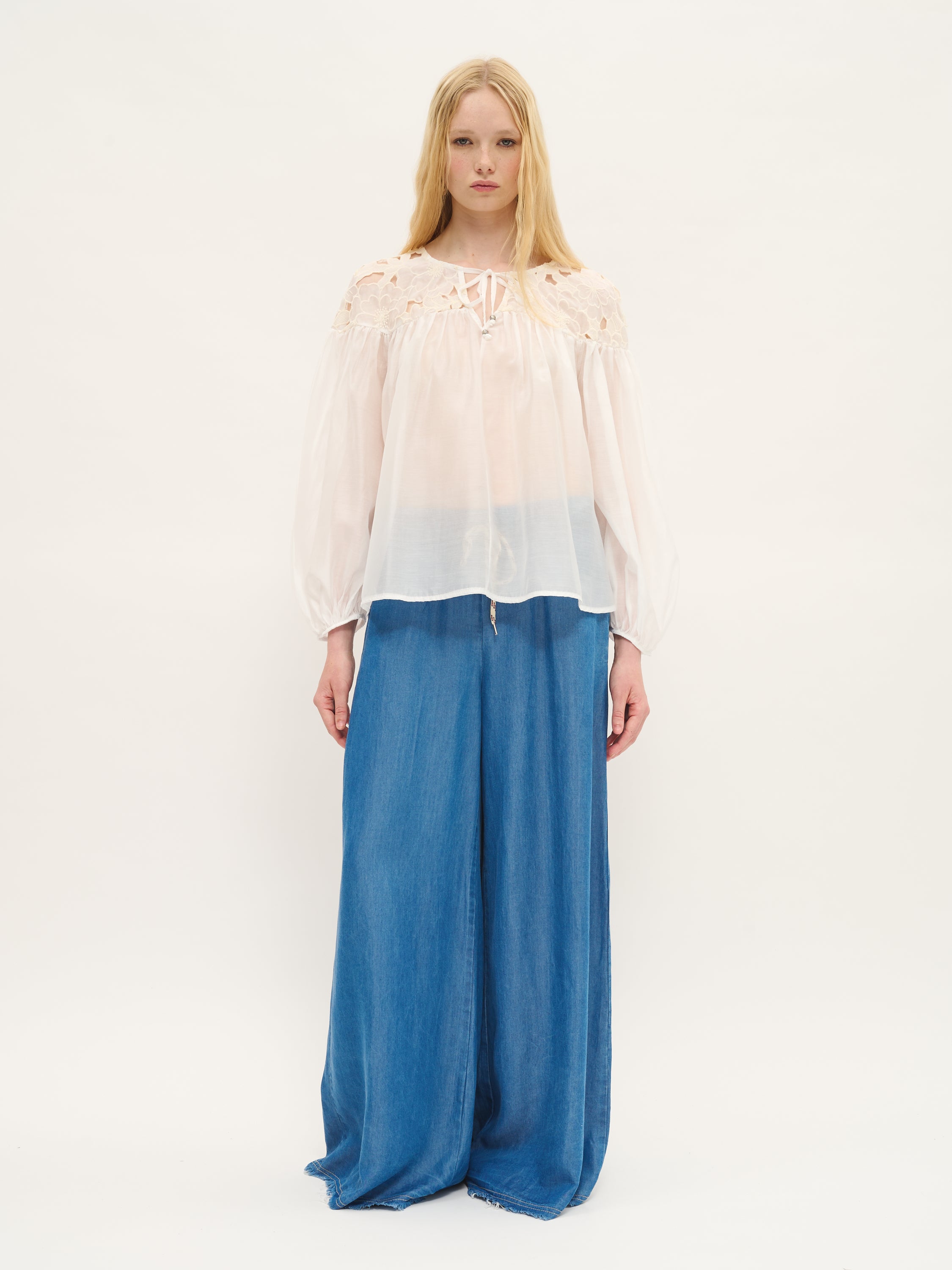 Embroidered Yoke Blouse in Tencel Blend