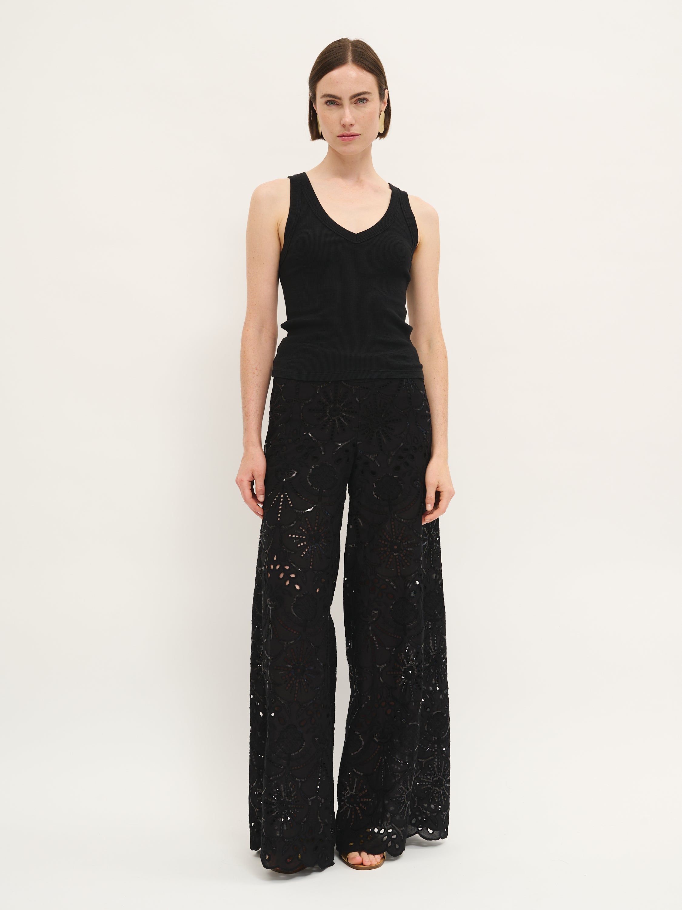 Pantalon large brodé noir