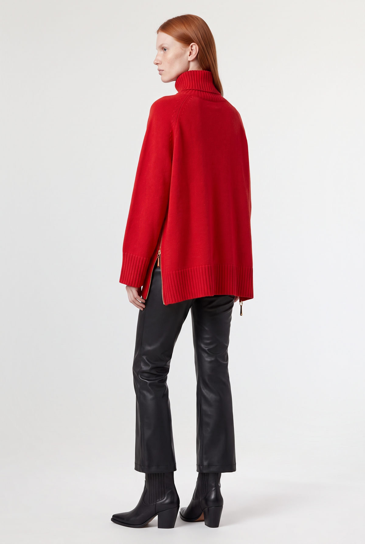 Zip-Detail Turtleneck Knit Sweater - Red - back view
