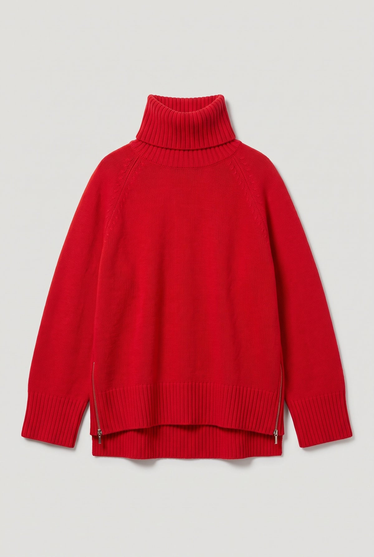 Zip-Detail Turtleneck Knit Sweater - Red - flat lay