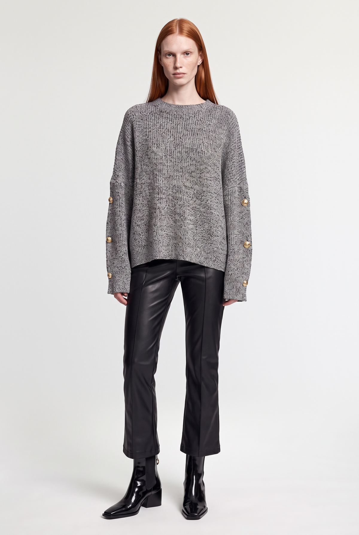 Gold-button marl sweater - Grey - front view